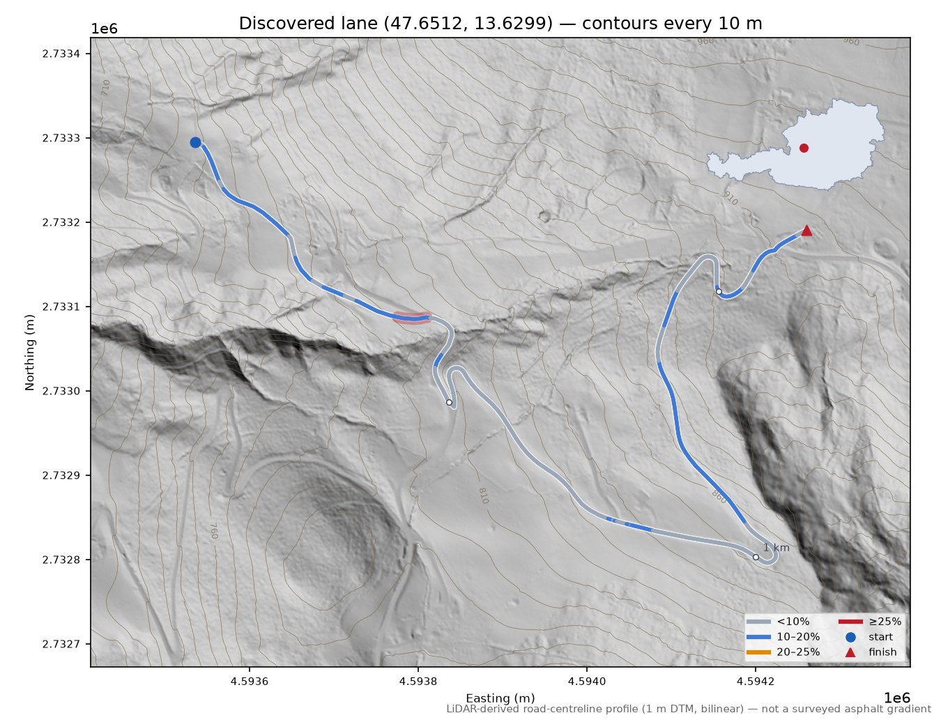 Discovered lane (47.6512, 13.6299) LiDAR hillshade map with contours