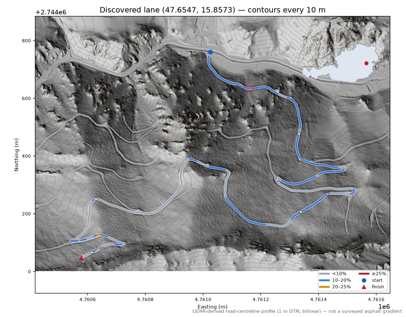 Discovered lane (47.6547, 15.8573) LiDAR hillshade map with contours