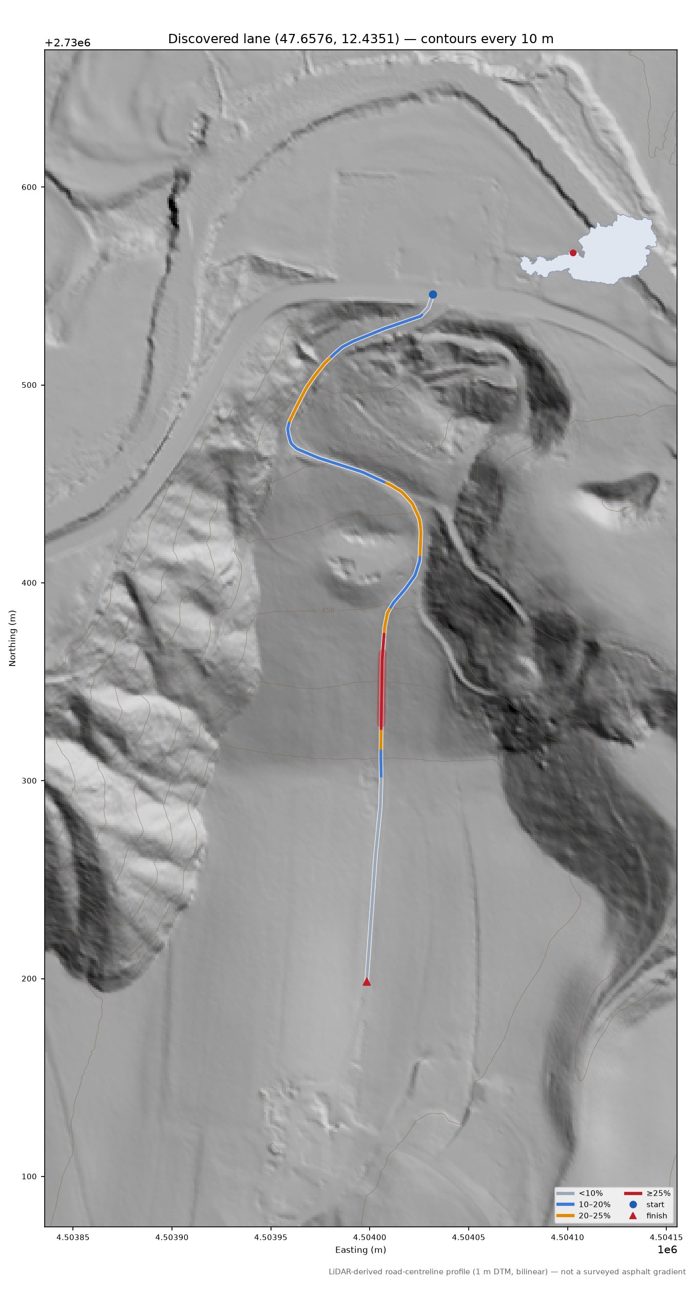 Discovered lane (47.6576, 12.4351) LiDAR hillshade map with contours