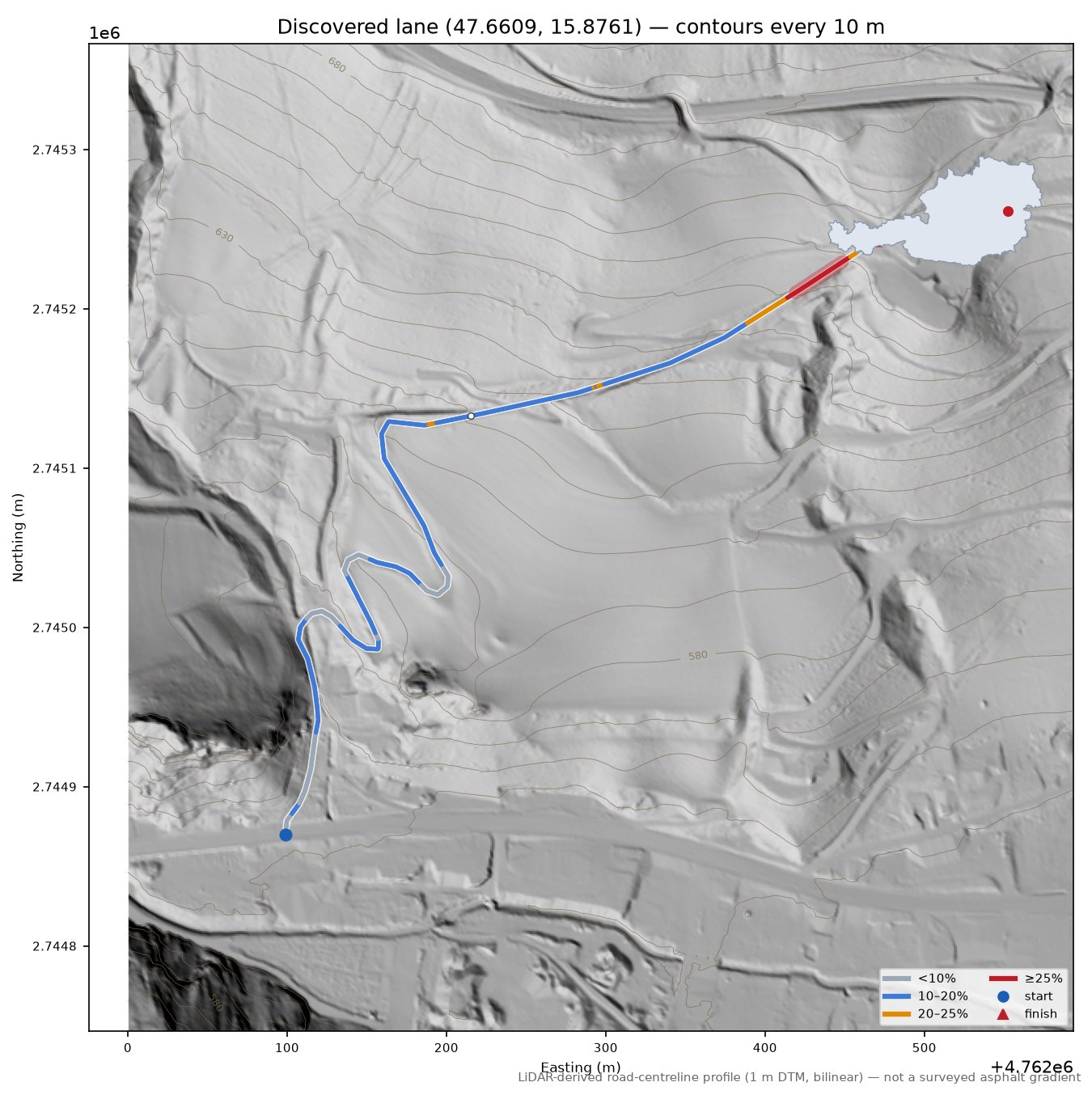 Discovered lane (47.6609, 15.8761) LiDAR hillshade map with contours