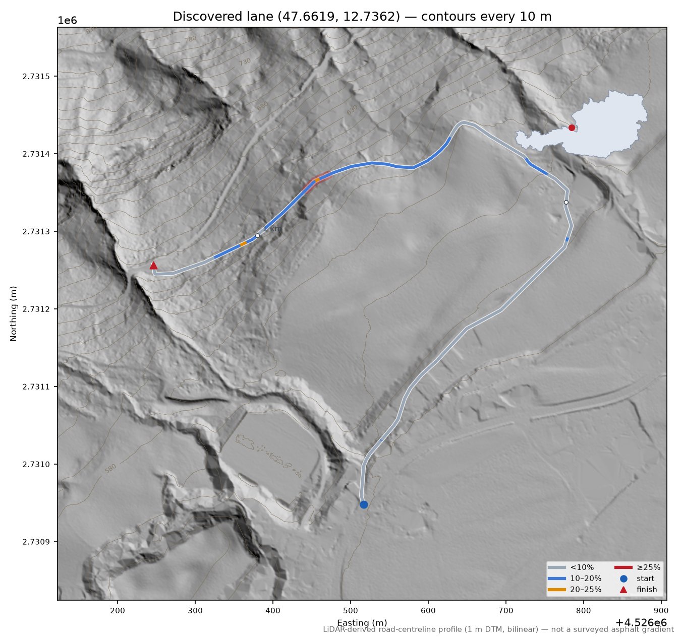 Discovered lane (47.6619, 12.7362) LiDAR hillshade map with contours