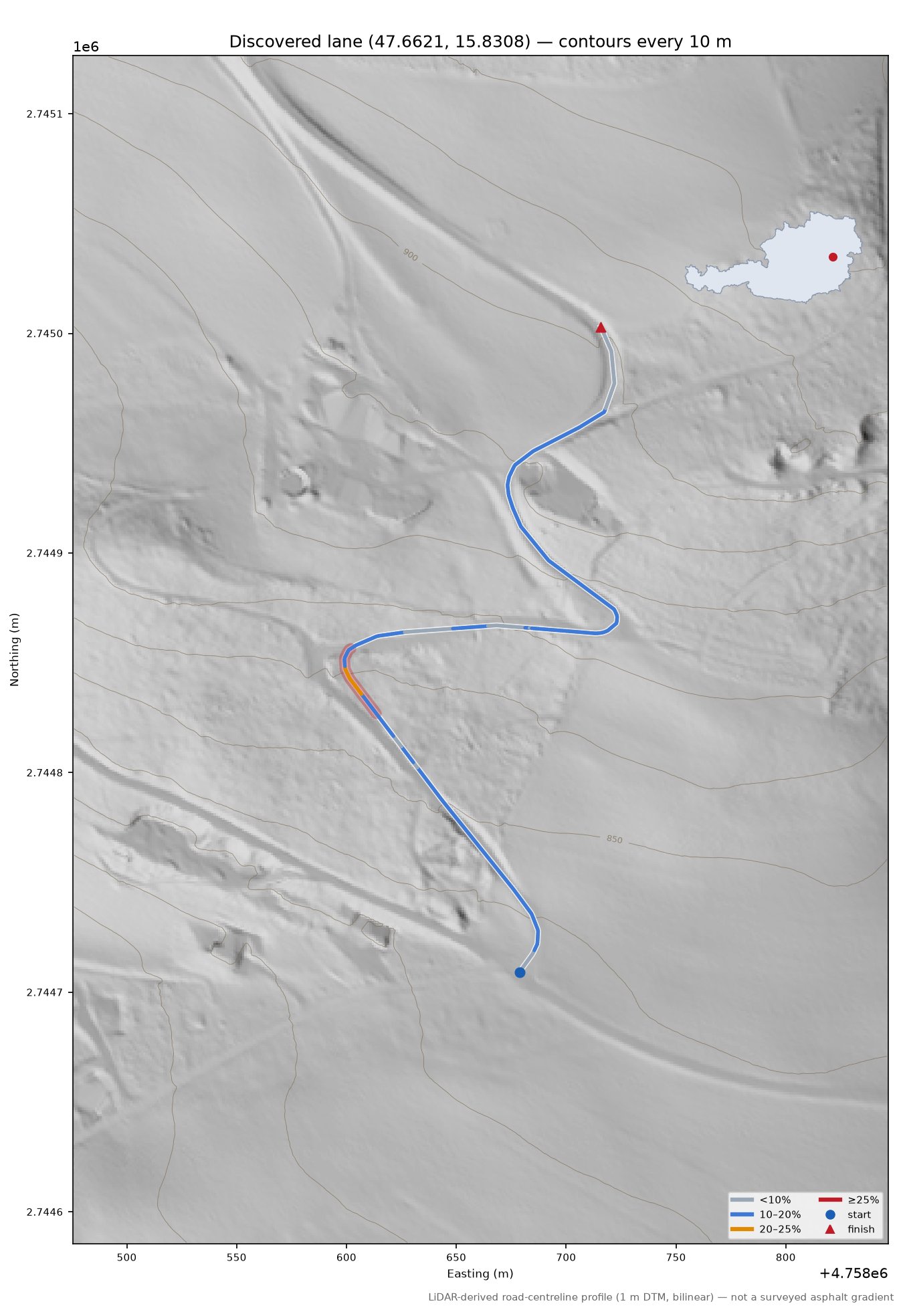 Discovered lane (47.6621, 15.8308) LiDAR hillshade map with contours