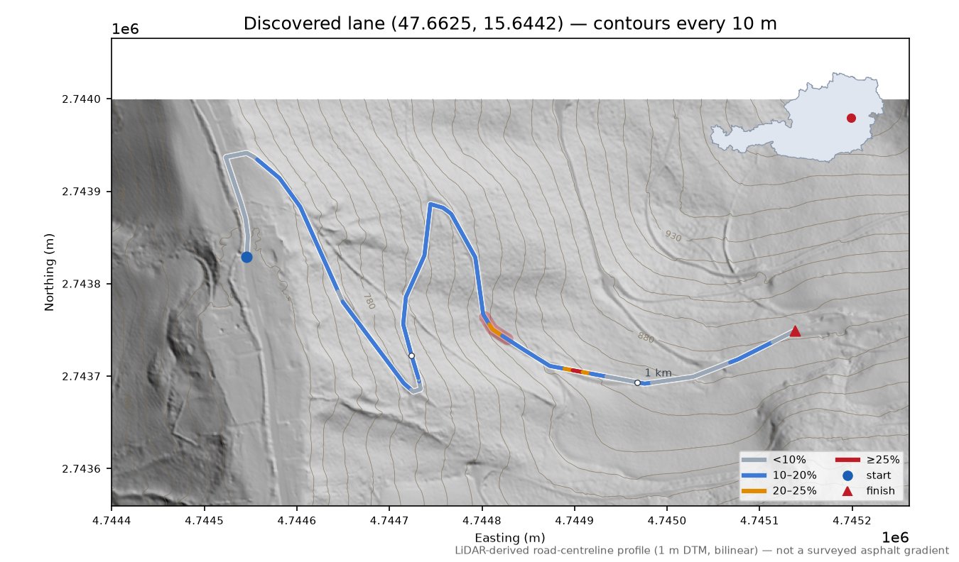 Discovered lane (47.6625, 15.6442) LiDAR hillshade map with contours
