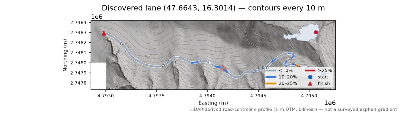 Discovered lane (47.6643, 16.3014) LiDAR hillshade map with contours