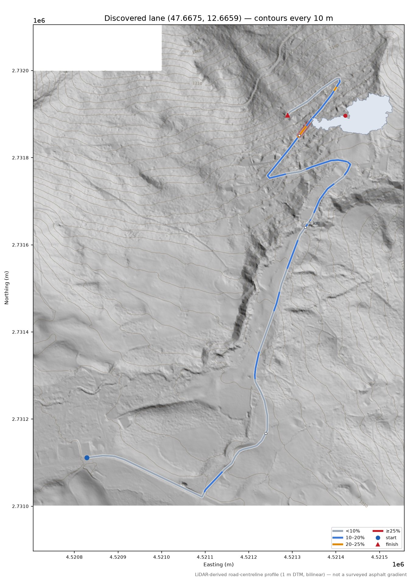 Discovered lane (47.6675, 12.6659) LiDAR hillshade map with contours