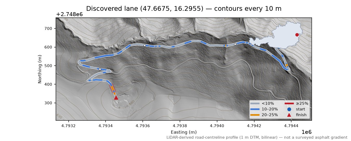 Discovered lane (47.6675, 16.2955) LiDAR hillshade map with contours