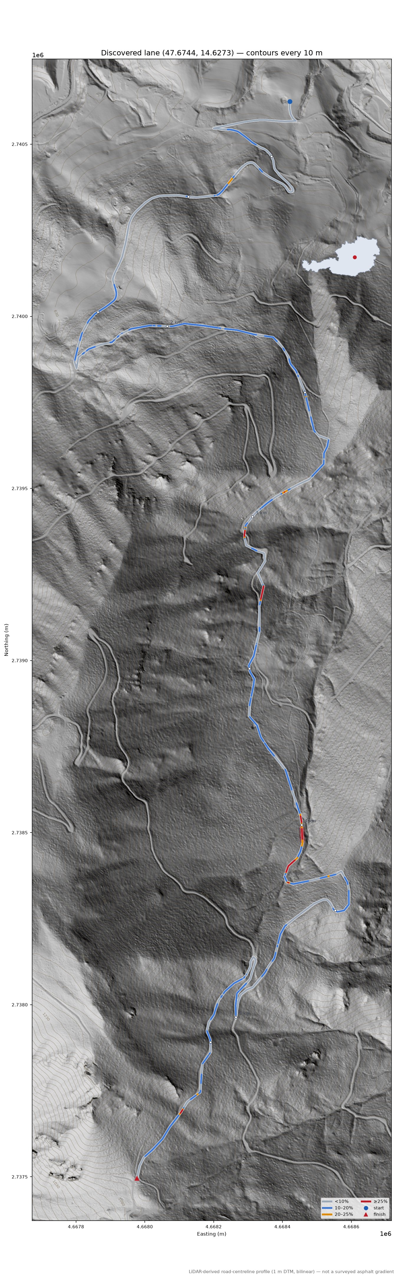 Discovered lane (47.6744, 14.6273) LiDAR hillshade map with contours