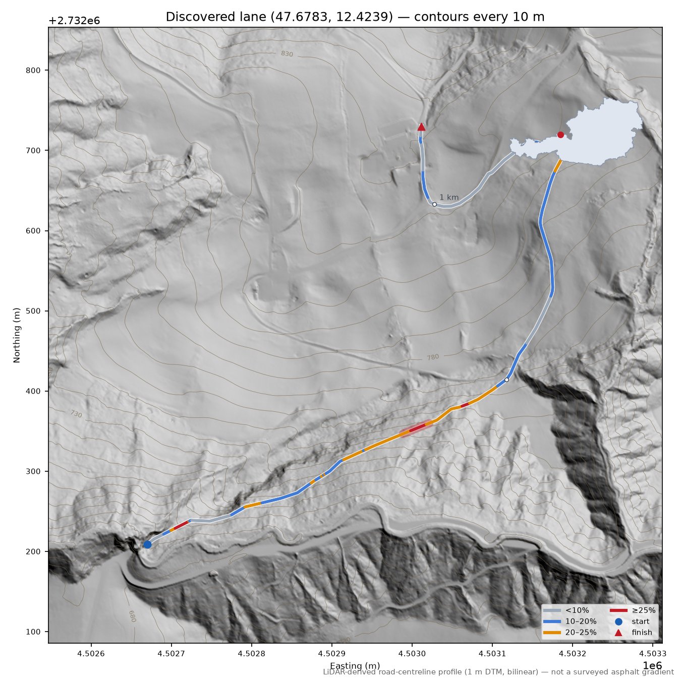 Discovered lane (47.6783, 12.4239) LiDAR hillshade map with contours