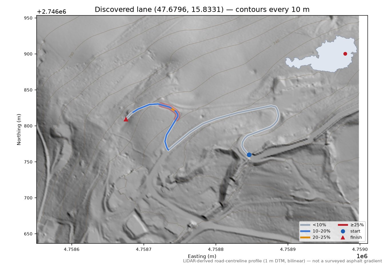 Discovered lane (47.6796, 15.8331) LiDAR hillshade map with contours