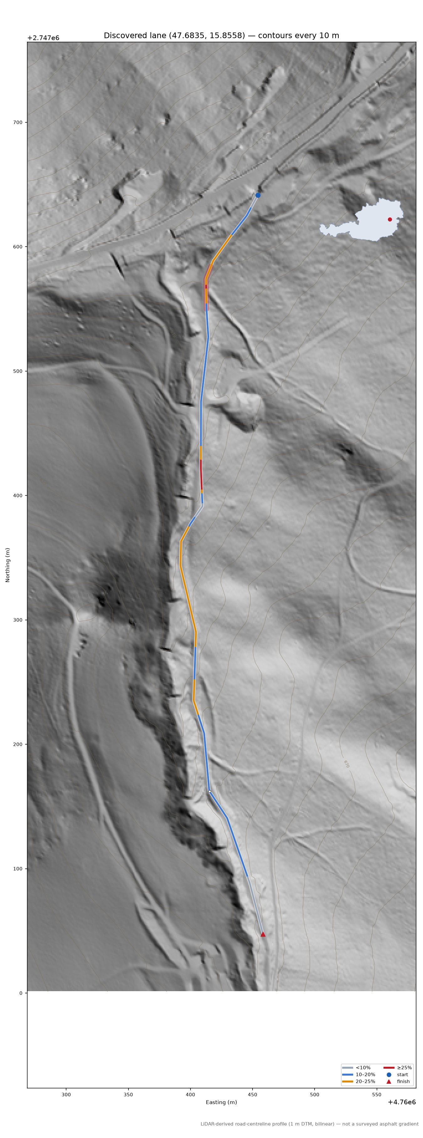 Discovered lane (47.6835, 15.8558) LiDAR hillshade map with contours