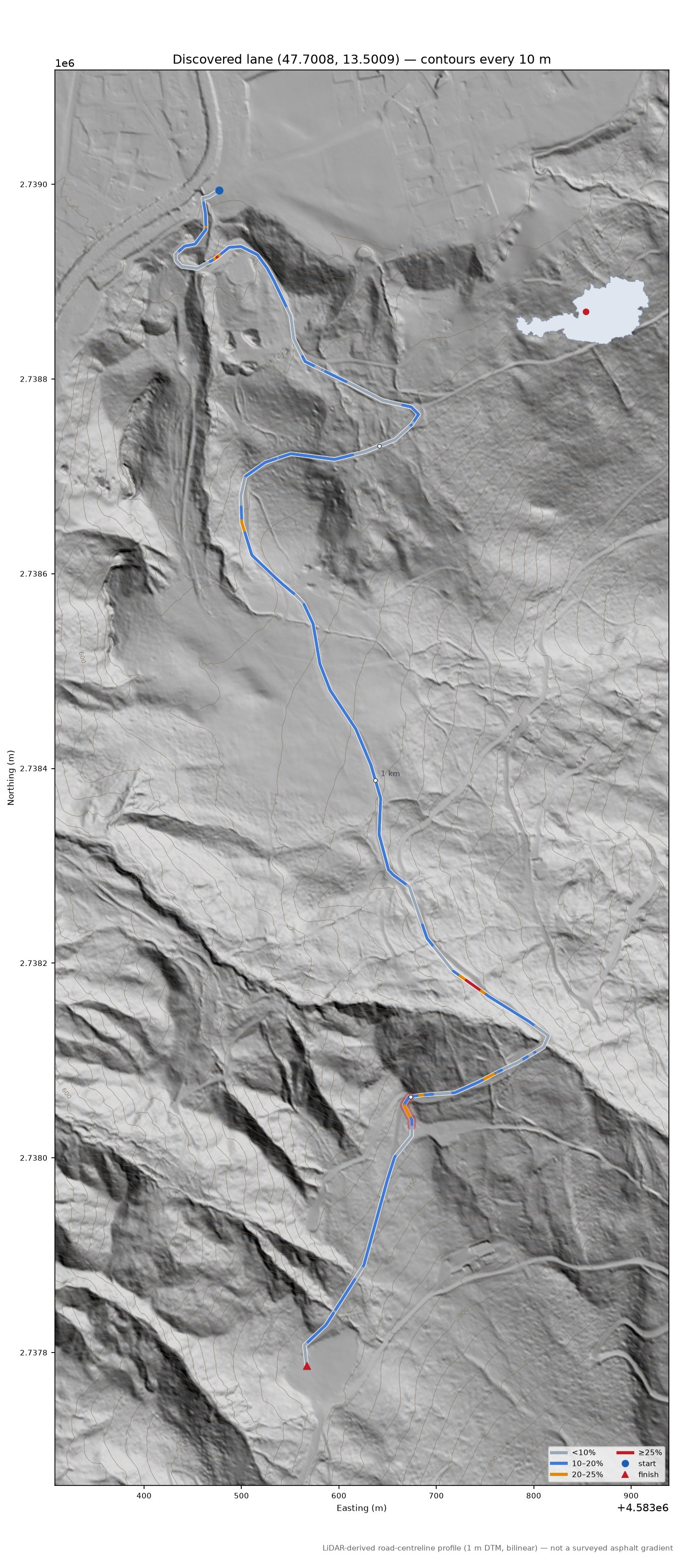 Discovered lane (47.7008, 13.5009) LiDAR hillshade map with contours
