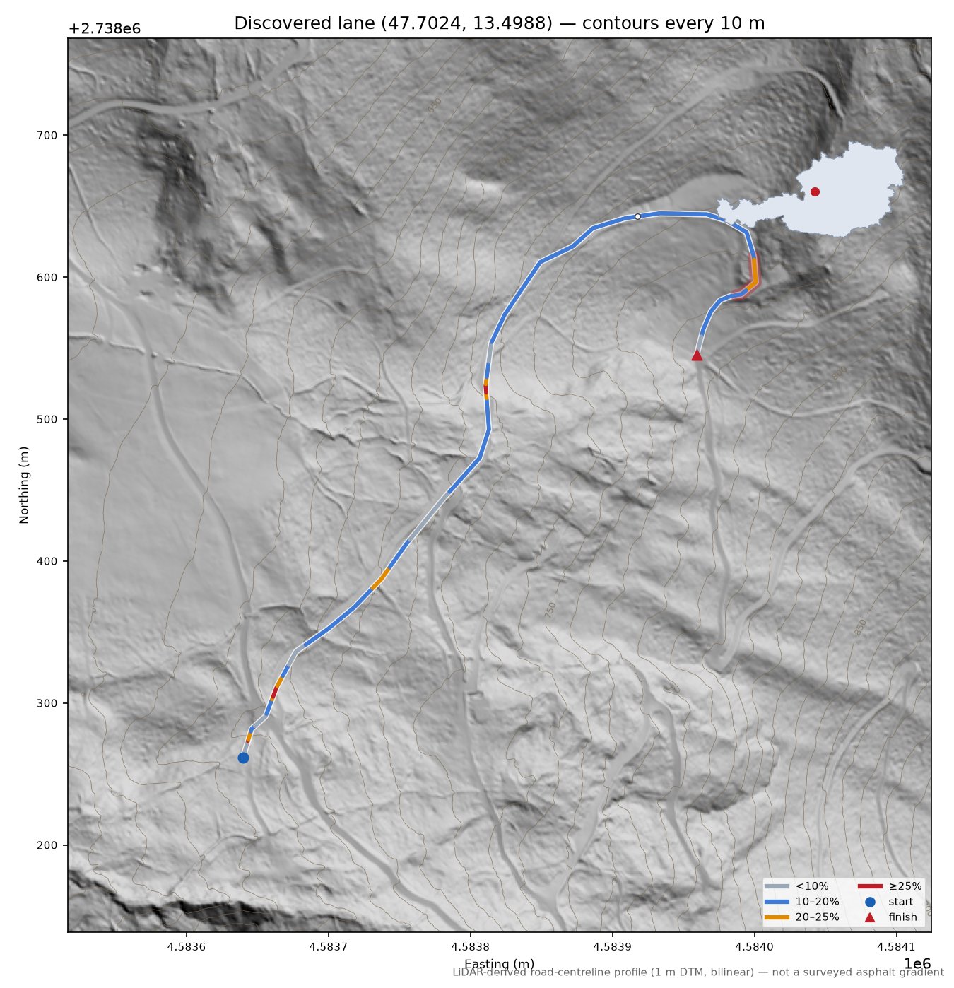 Discovered lane (47.7024, 13.4988) LiDAR hillshade map with contours