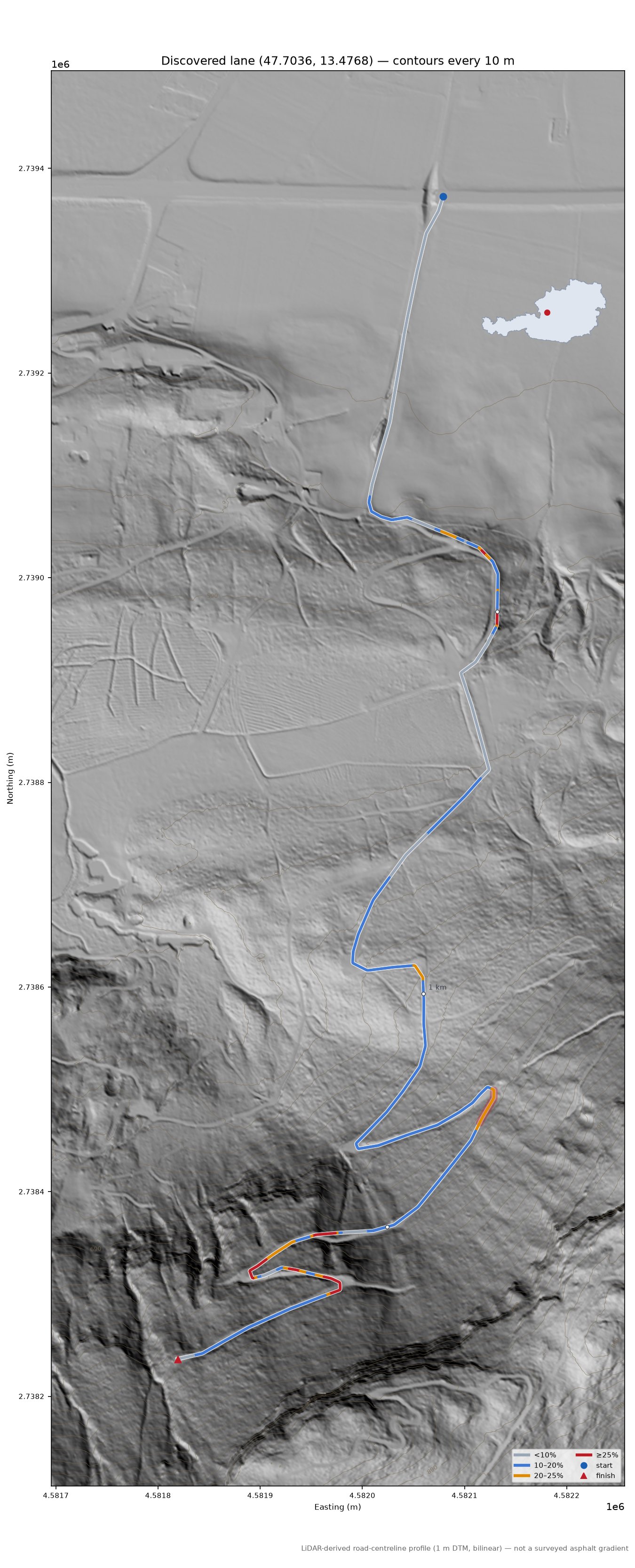 Discovered lane (47.7036, 13.4768) LiDAR hillshade map with contours