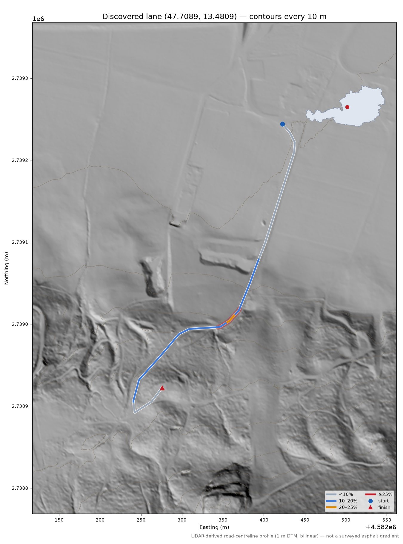 Discovered lane (47.7089, 13.4809) LiDAR hillshade map with contours
