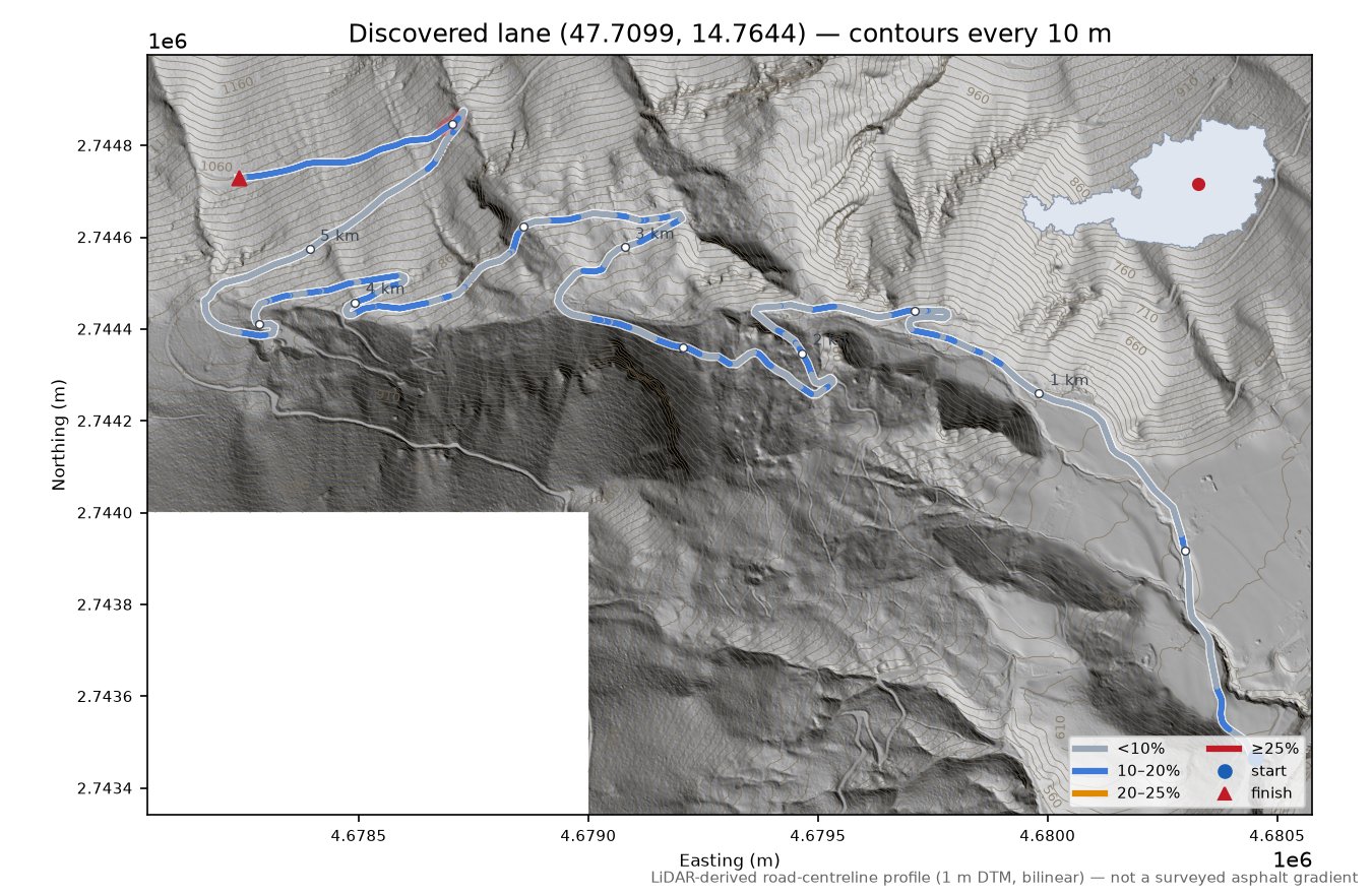 Discovered lane (47.7099, 14.7644) LiDAR hillshade map with contours