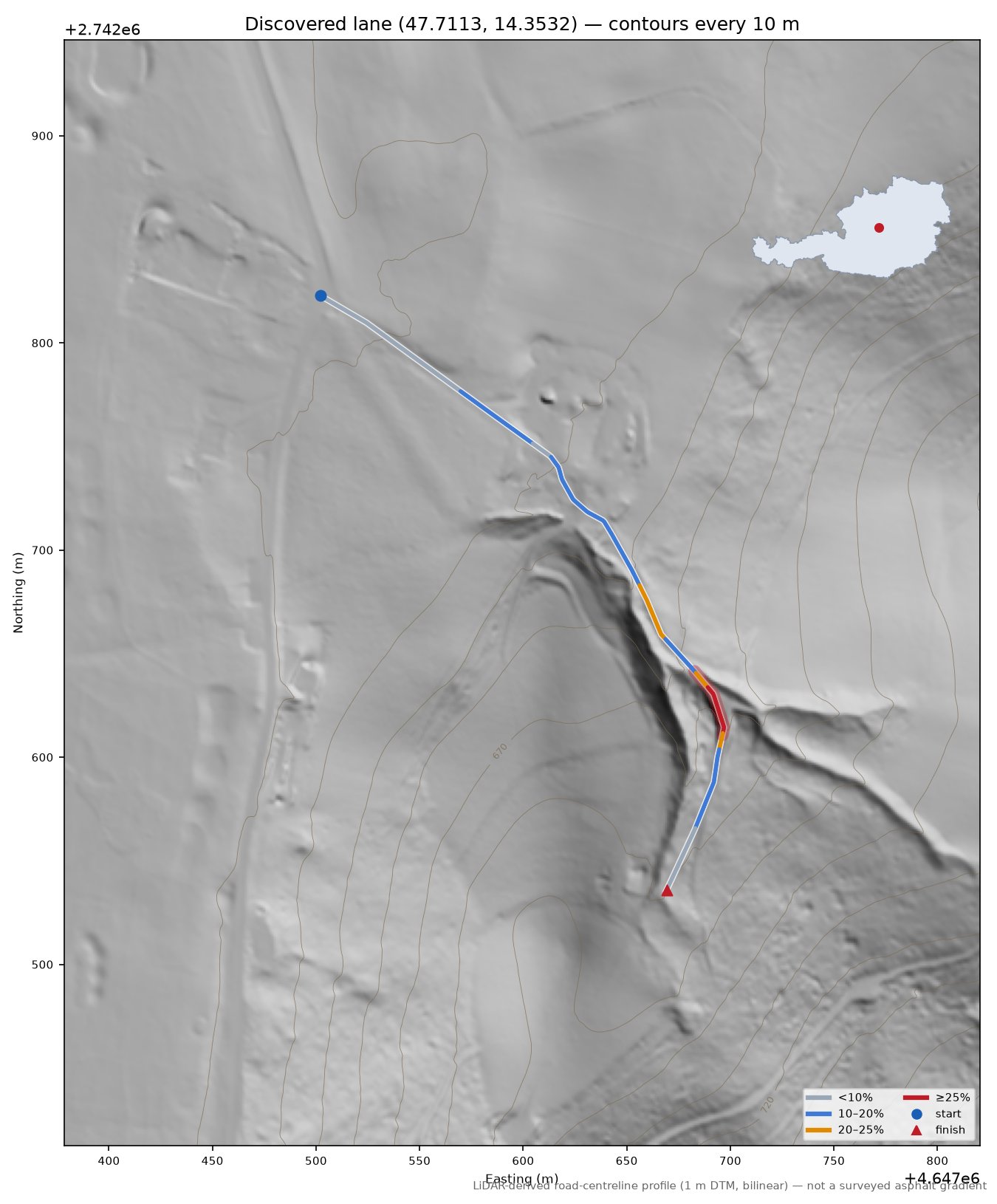 Discovered lane (47.7113, 14.3532) LiDAR hillshade map with contours