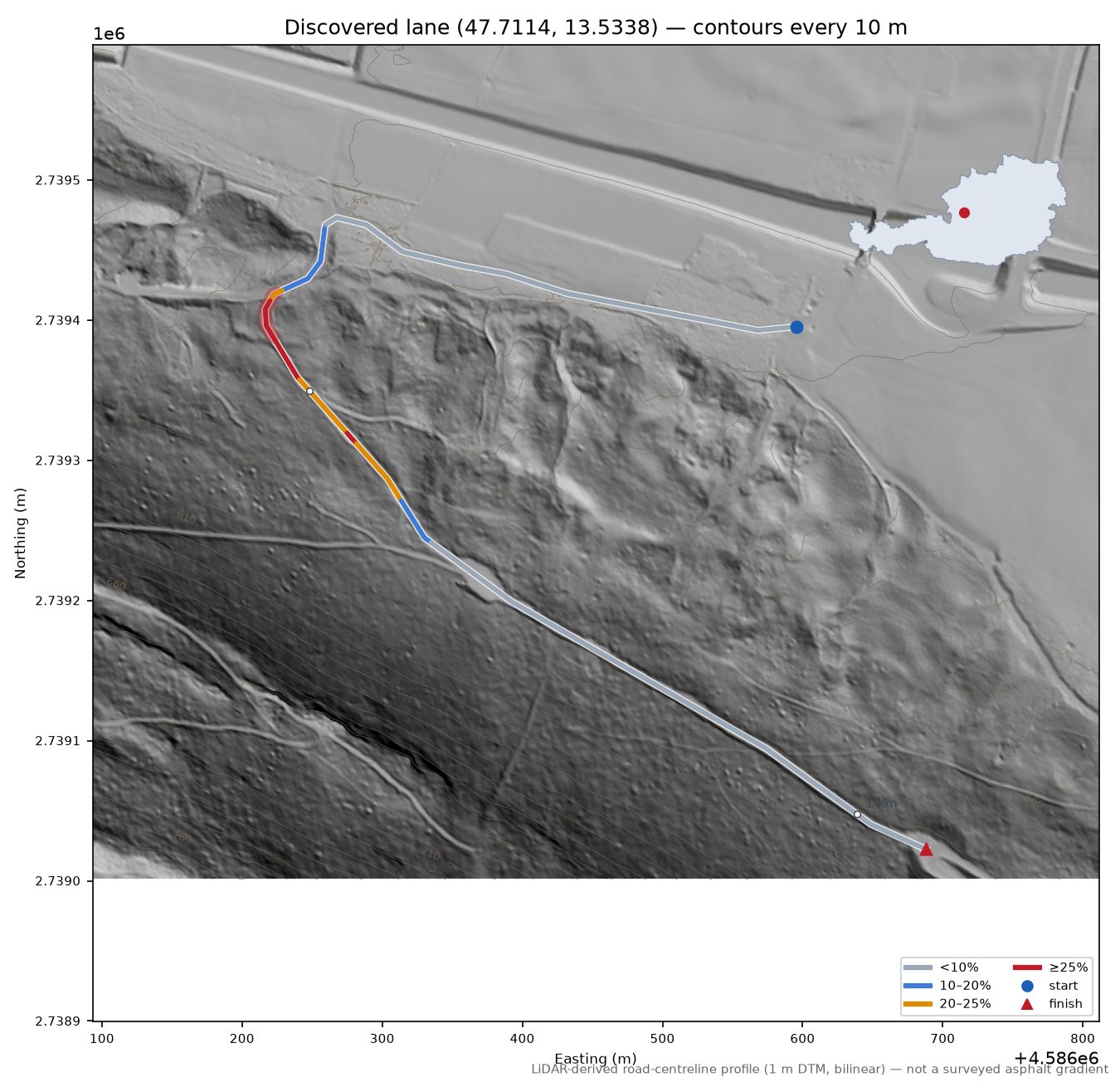Discovered lane (47.7114, 13.5338) LiDAR hillshade map with contours