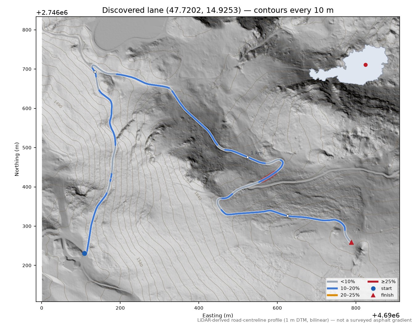 Discovered lane (47.7202, 14.9253) LiDAR hillshade map with contours