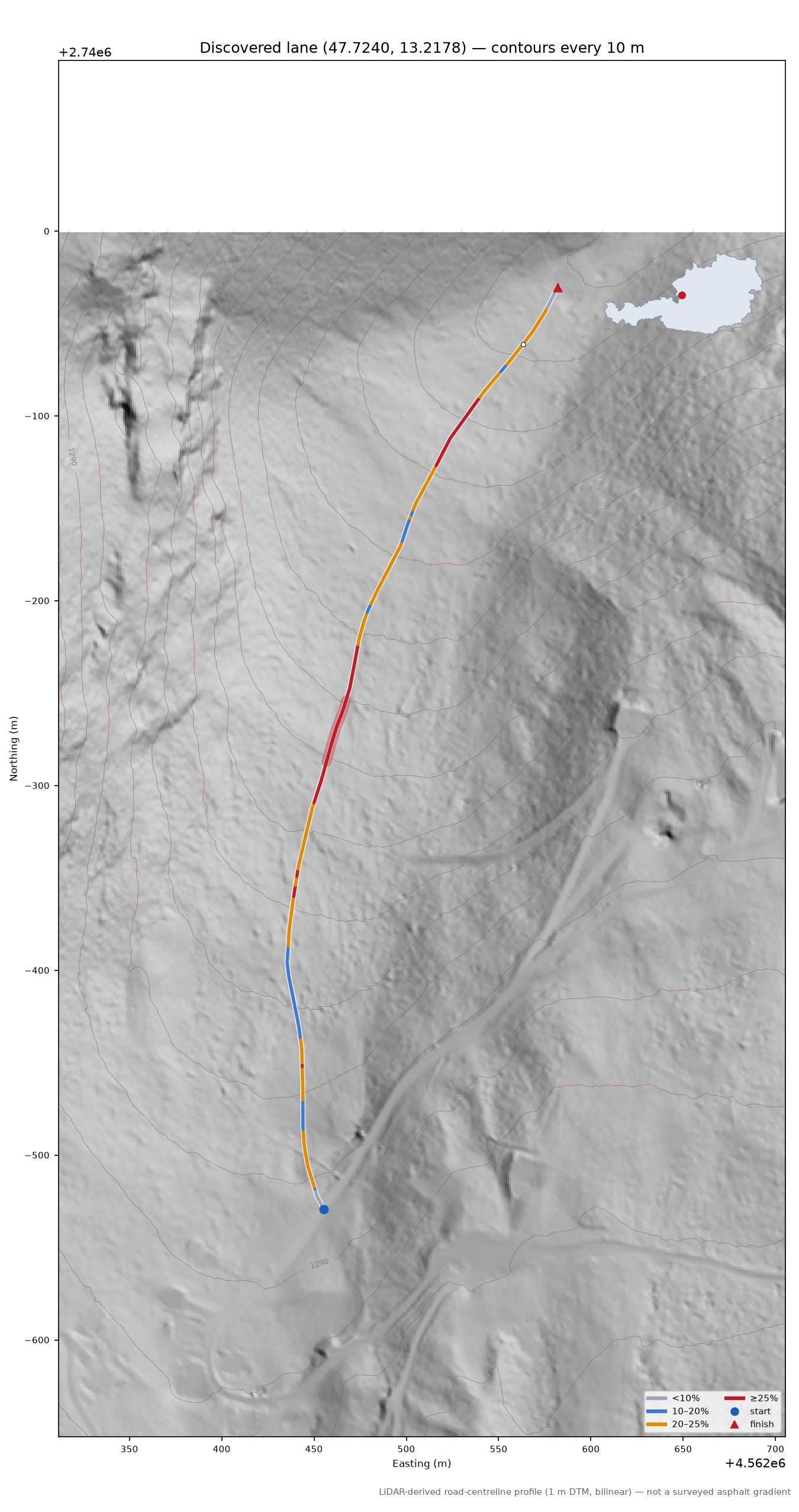 Discovered lane (47.7240, 13.2178) LiDAR hillshade map with contours