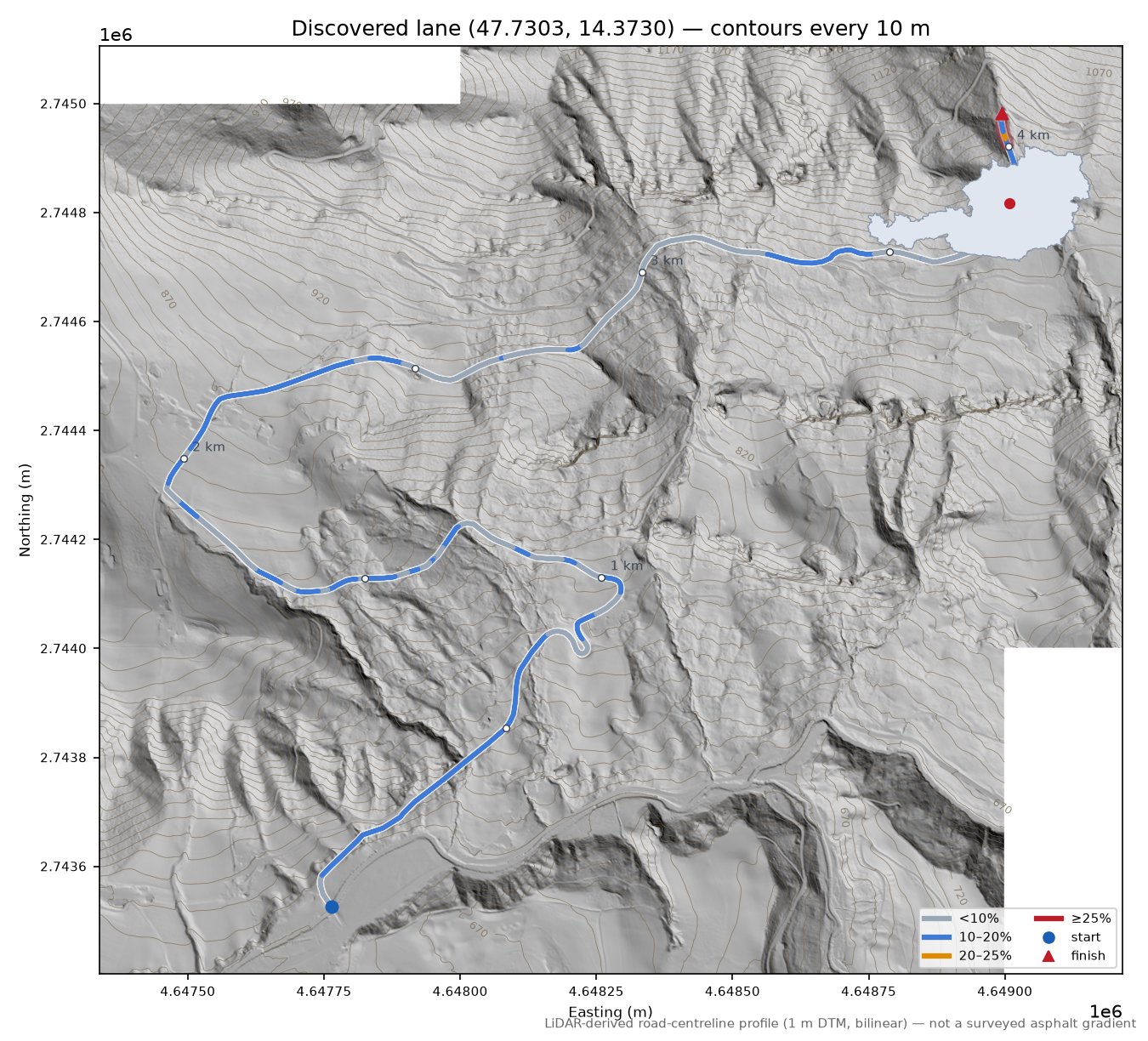 Discovered lane (47.7303, 14.3730) LiDAR hillshade map with contours