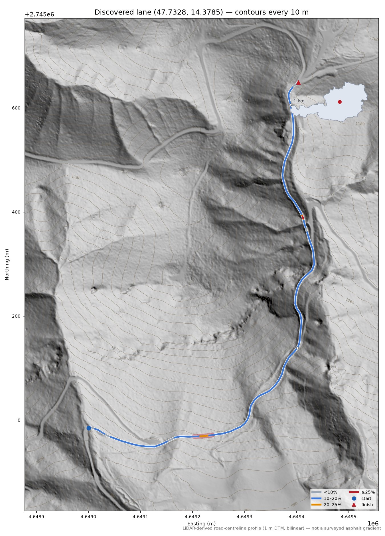 Discovered lane (47.7328, 14.3785) LiDAR hillshade map with contours