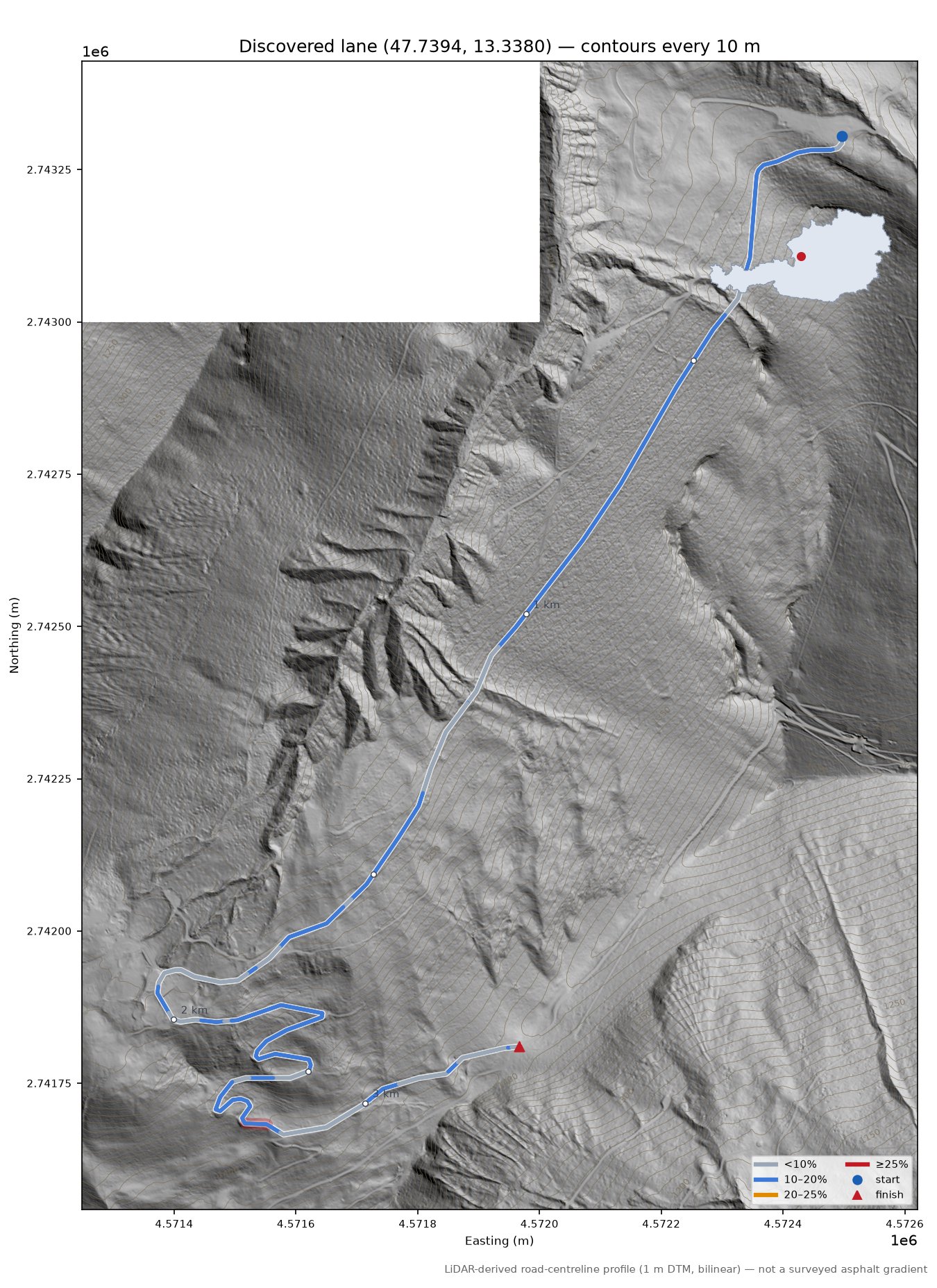Discovered lane (47.7394, 13.3380) LiDAR hillshade map with contours