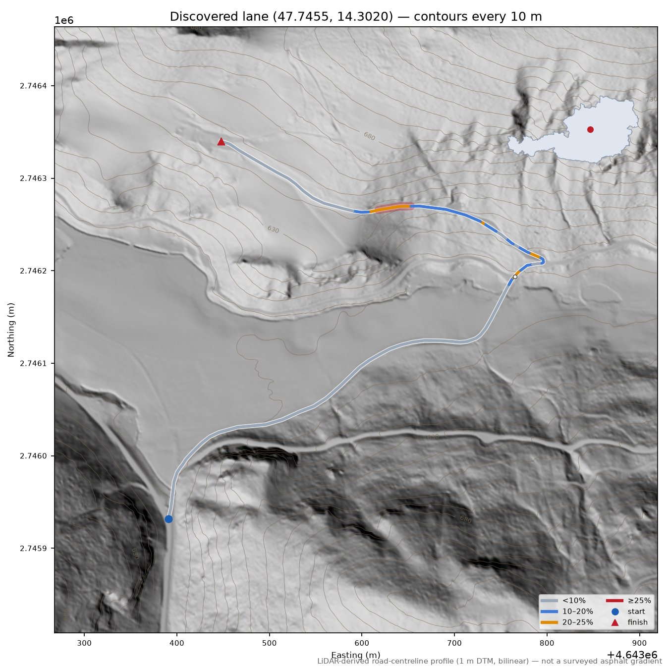 Discovered lane (47.7455, 14.3020) LiDAR hillshade map with contours