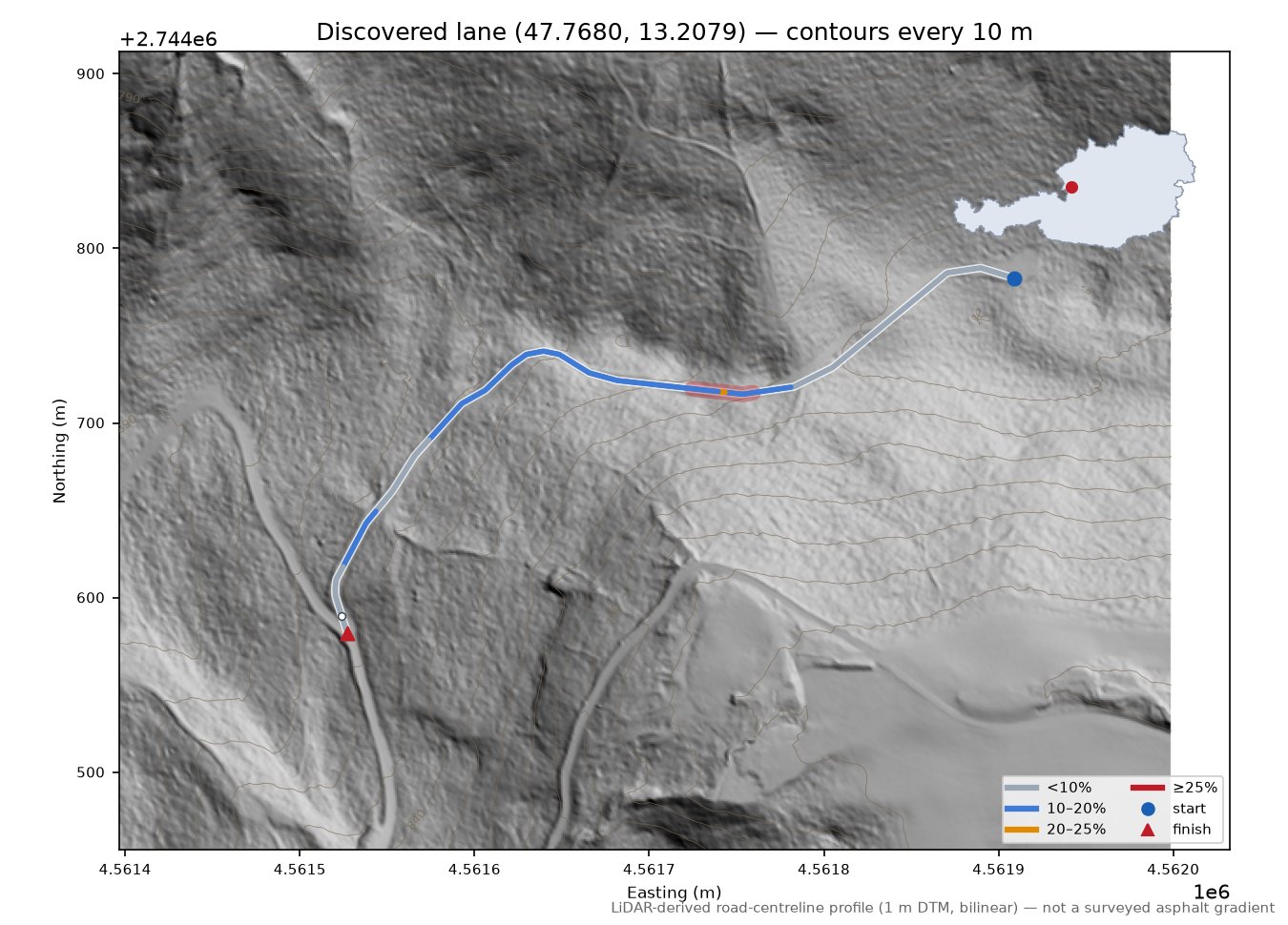Discovered lane (47.7680, 13.2079) LiDAR hillshade map with contours