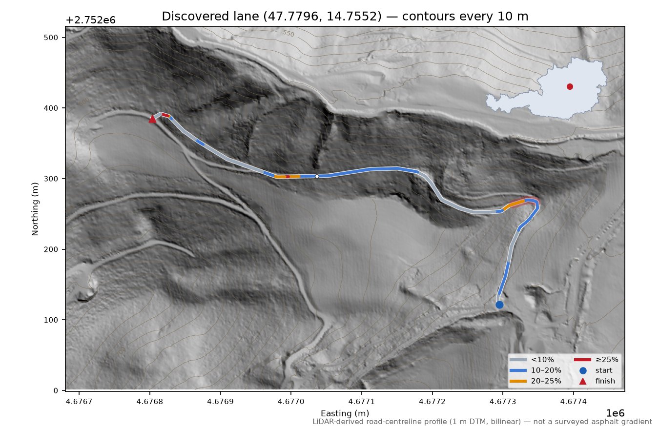 Discovered lane (47.7796, 14.7552) LiDAR hillshade map with contours