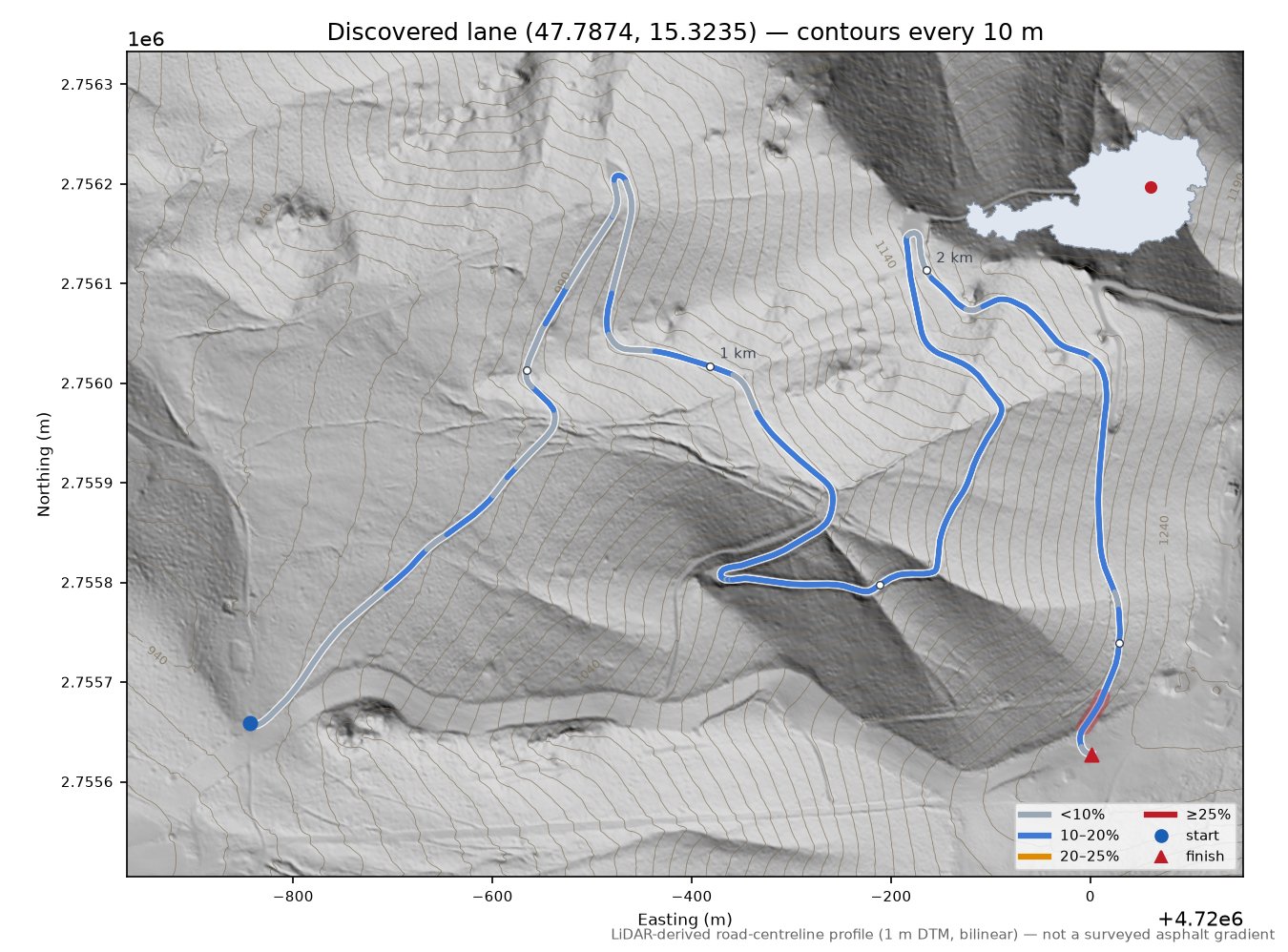 Discovered lane (47.7874, 15.3235) LiDAR hillshade map with contours