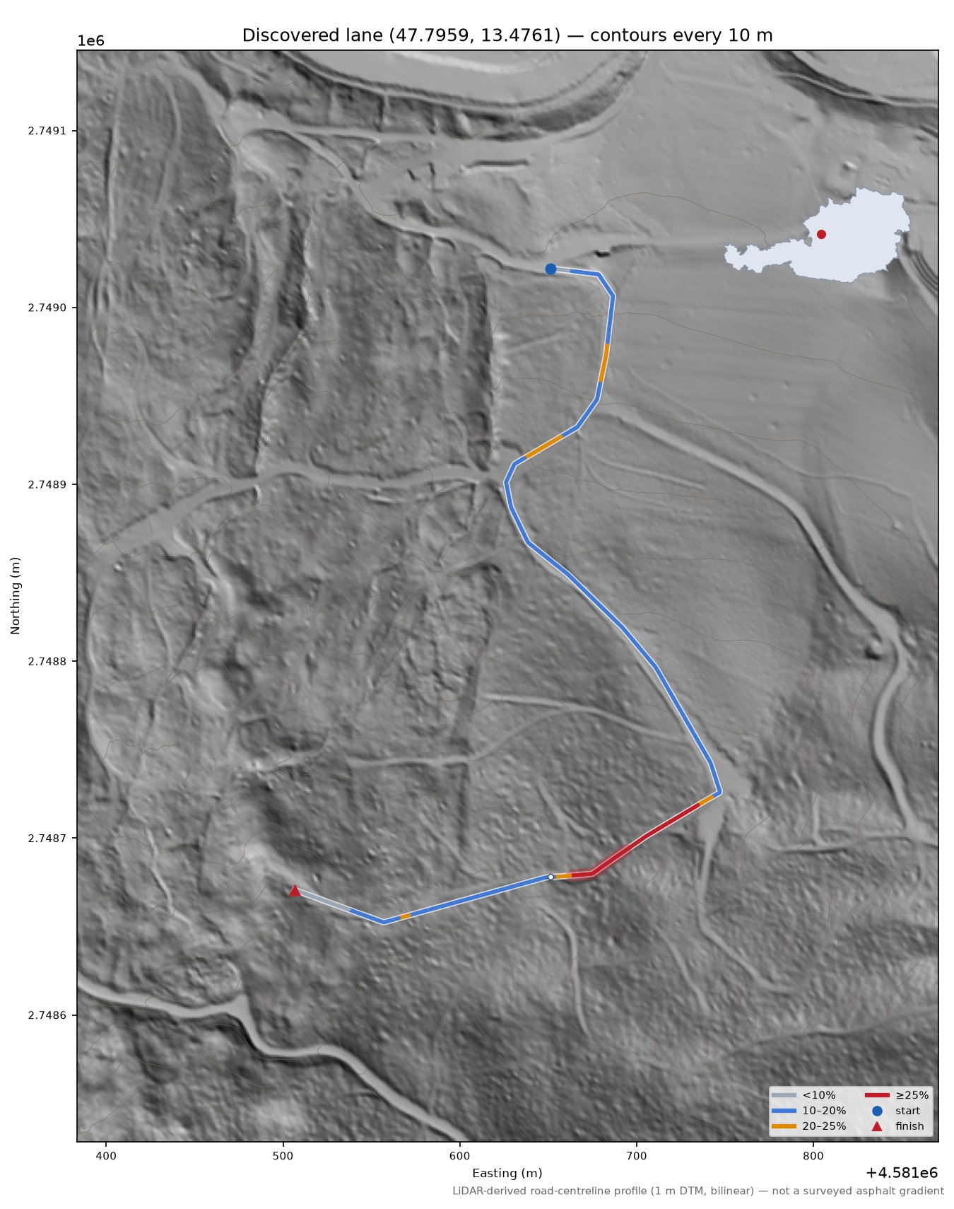 Discovered lane (47.7959, 13.4761) LiDAR hillshade map with contours