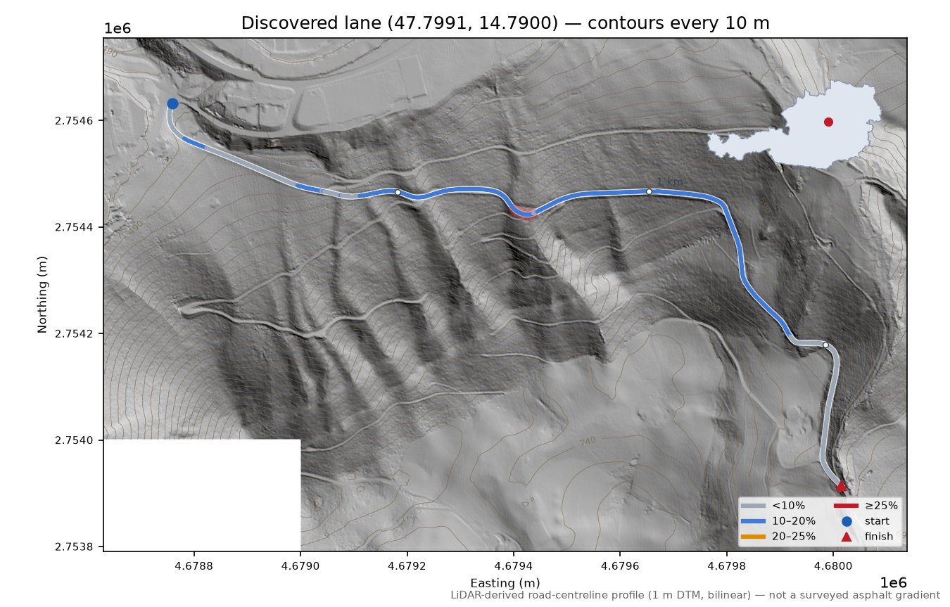 Discovered lane (47.7991, 14.7900) LiDAR hillshade map with contours