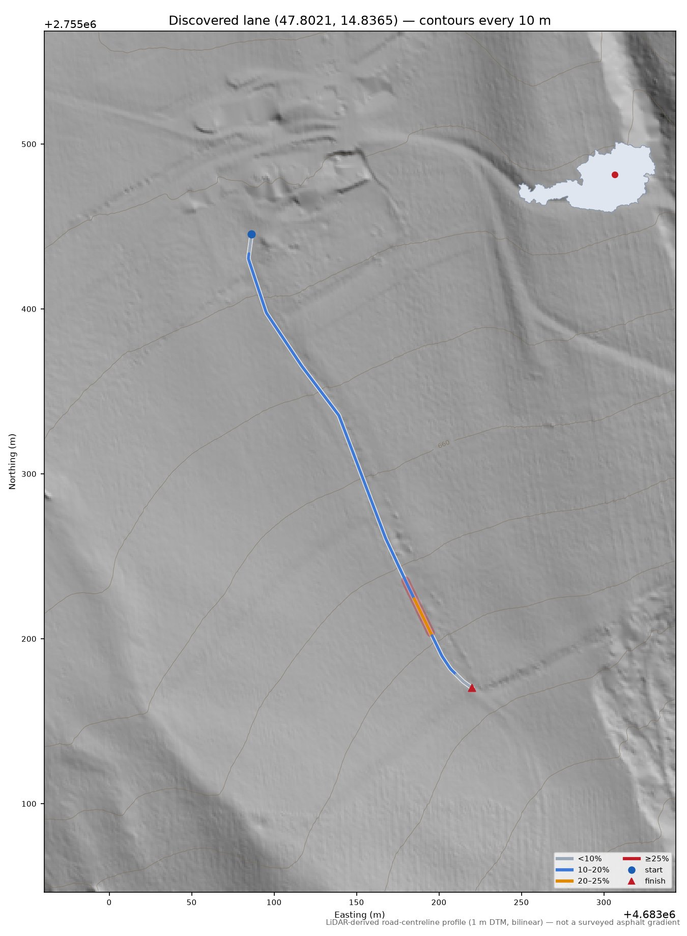 Discovered lane (47.8021, 14.8365) LiDAR hillshade map with contours