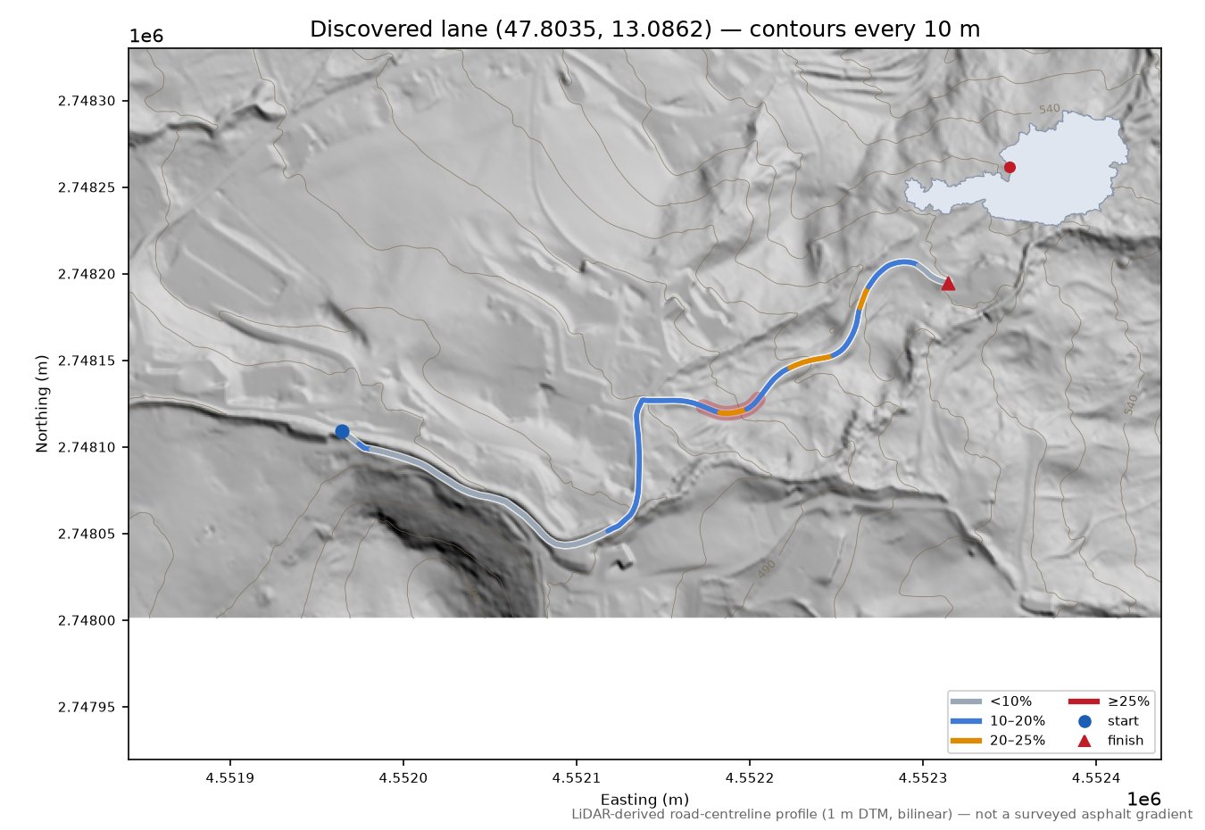 Discovered lane (47.8035, 13.0862) LiDAR hillshade map with contours