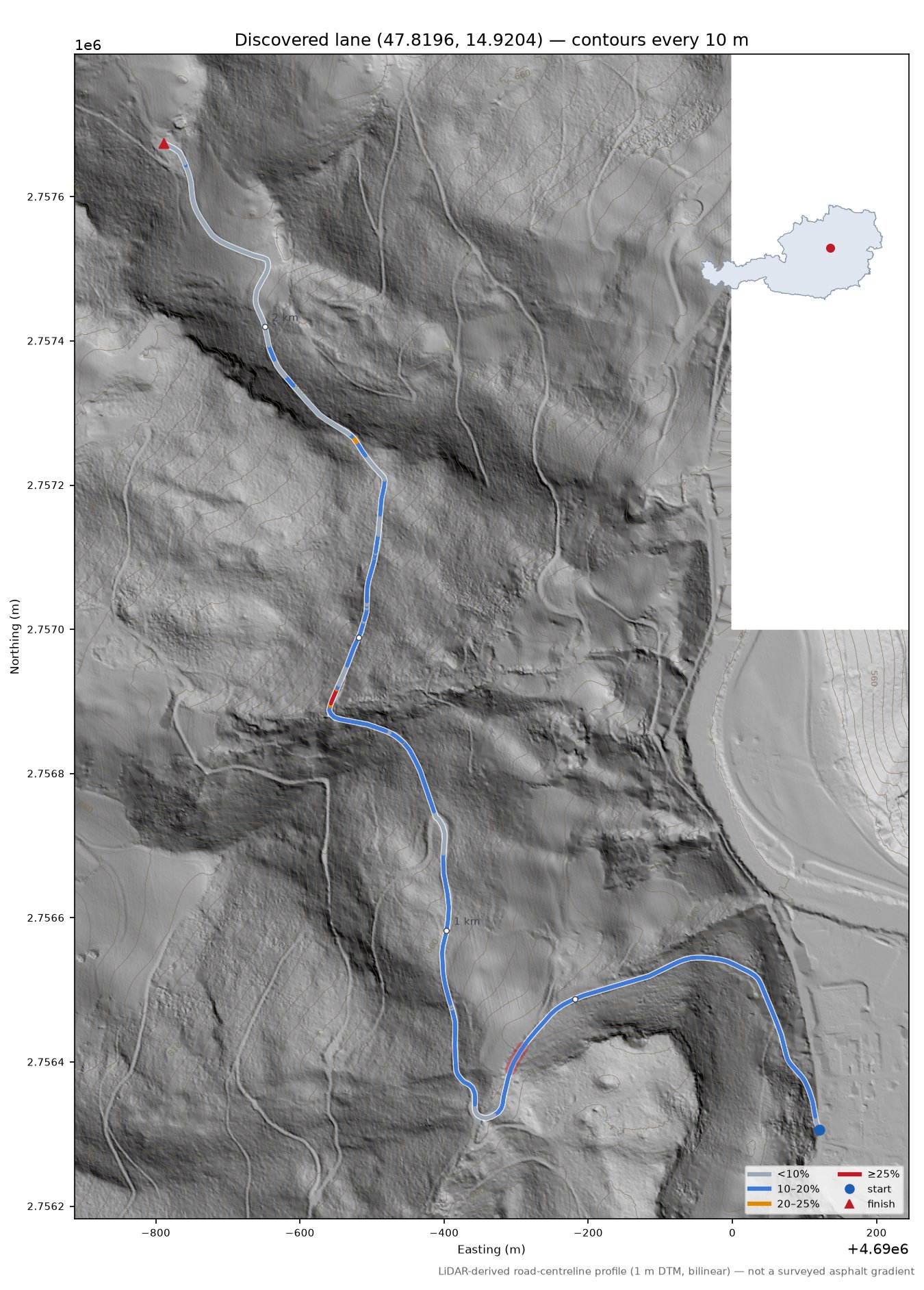 Discovered lane (47.8196, 14.9204) LiDAR hillshade map with contours