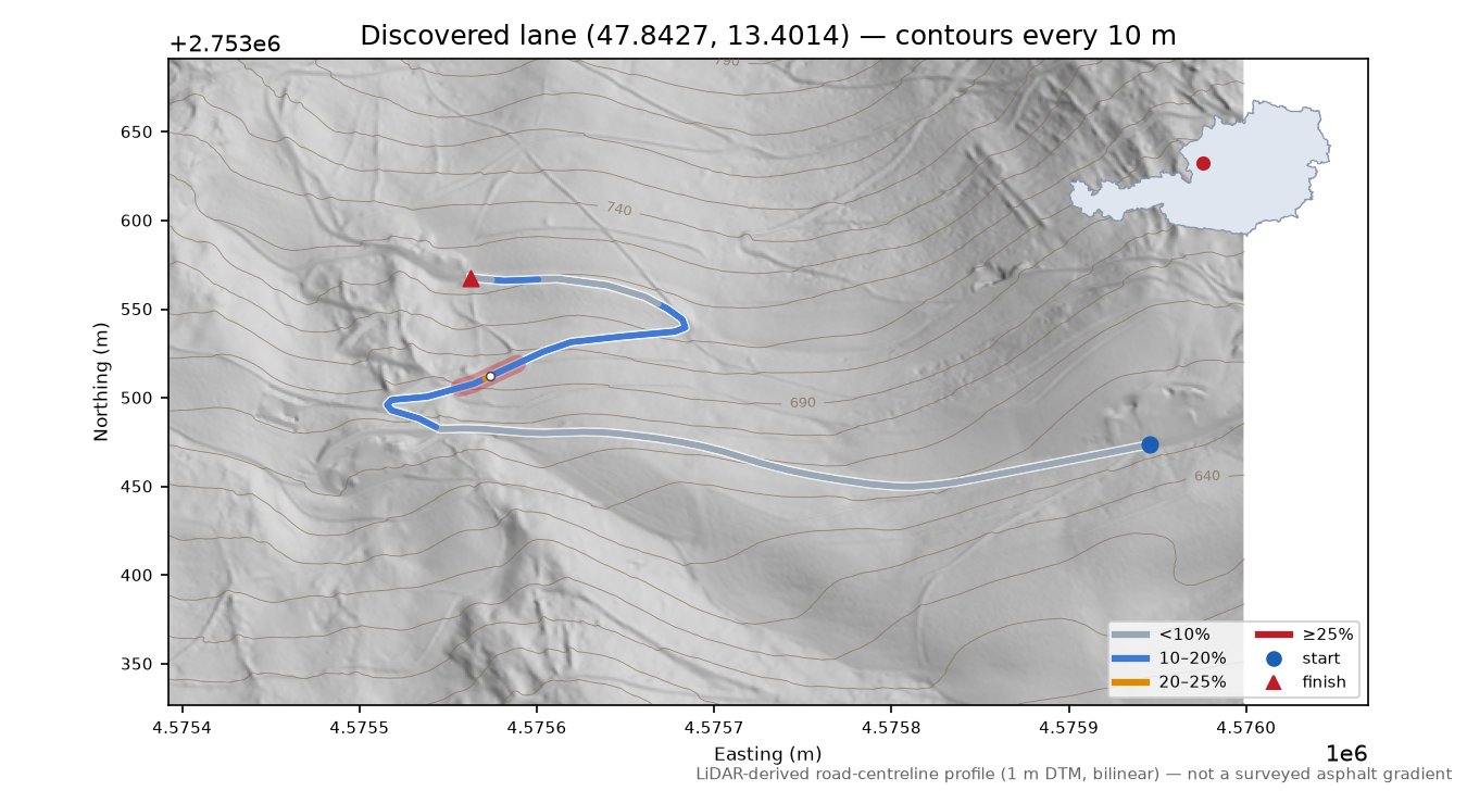 Discovered lane (47.8427, 13.4014) LiDAR hillshade map with contours
