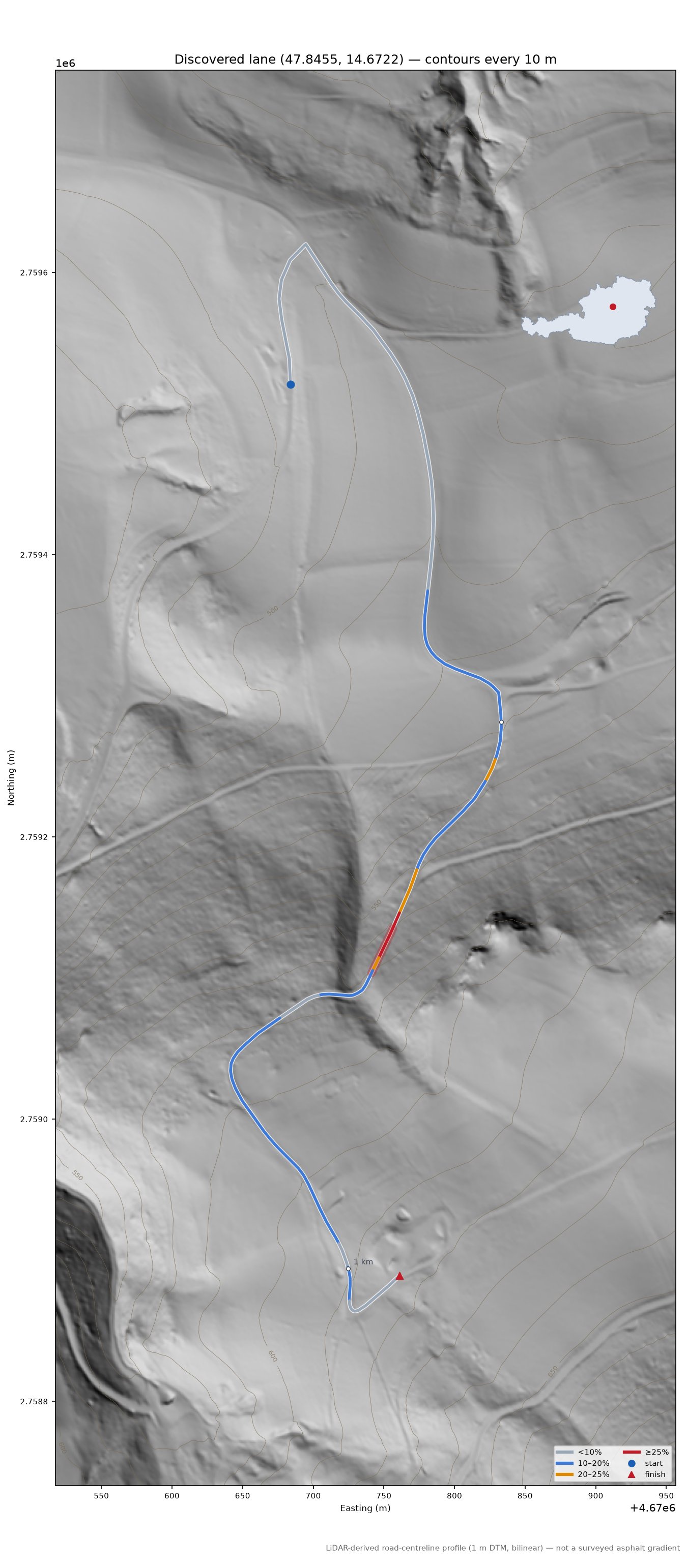 Discovered lane (47.8455, 14.6722) LiDAR hillshade map with contours