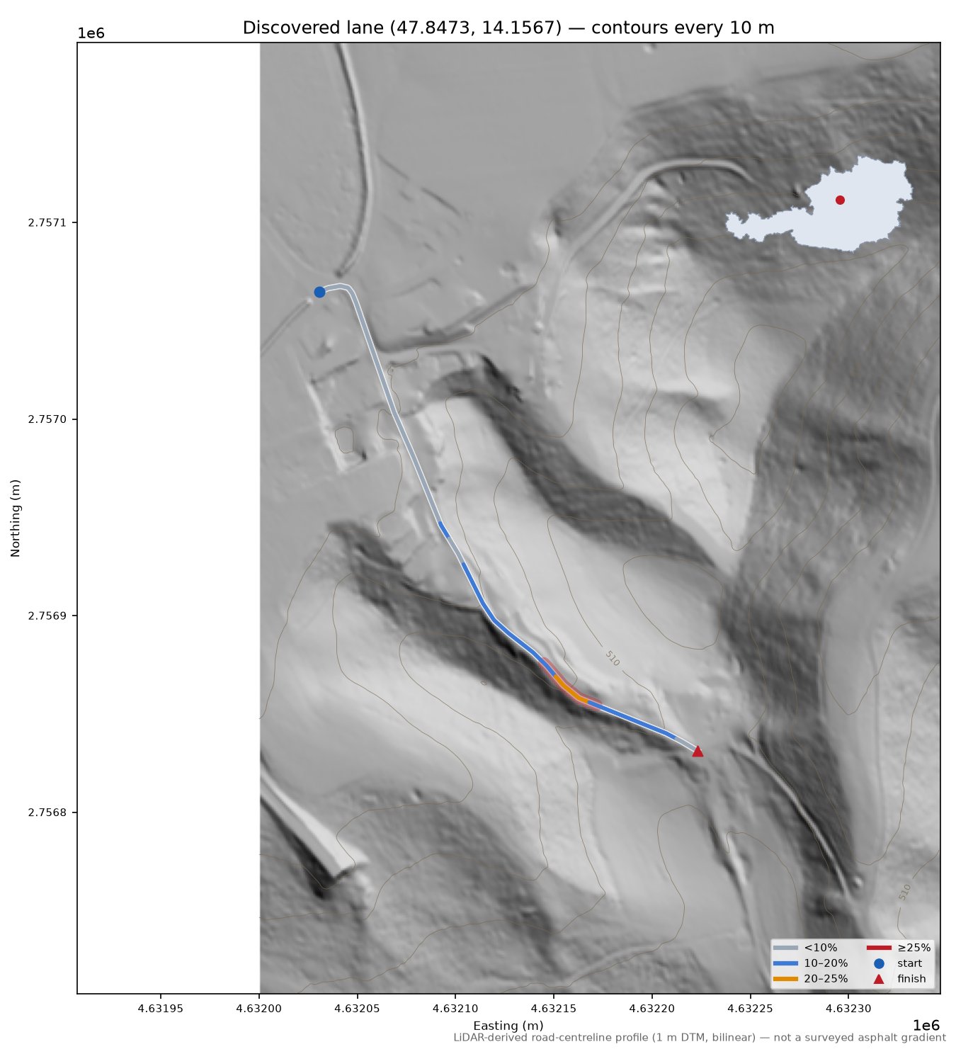 Discovered lane (47.8473, 14.1567) LiDAR hillshade map with contours