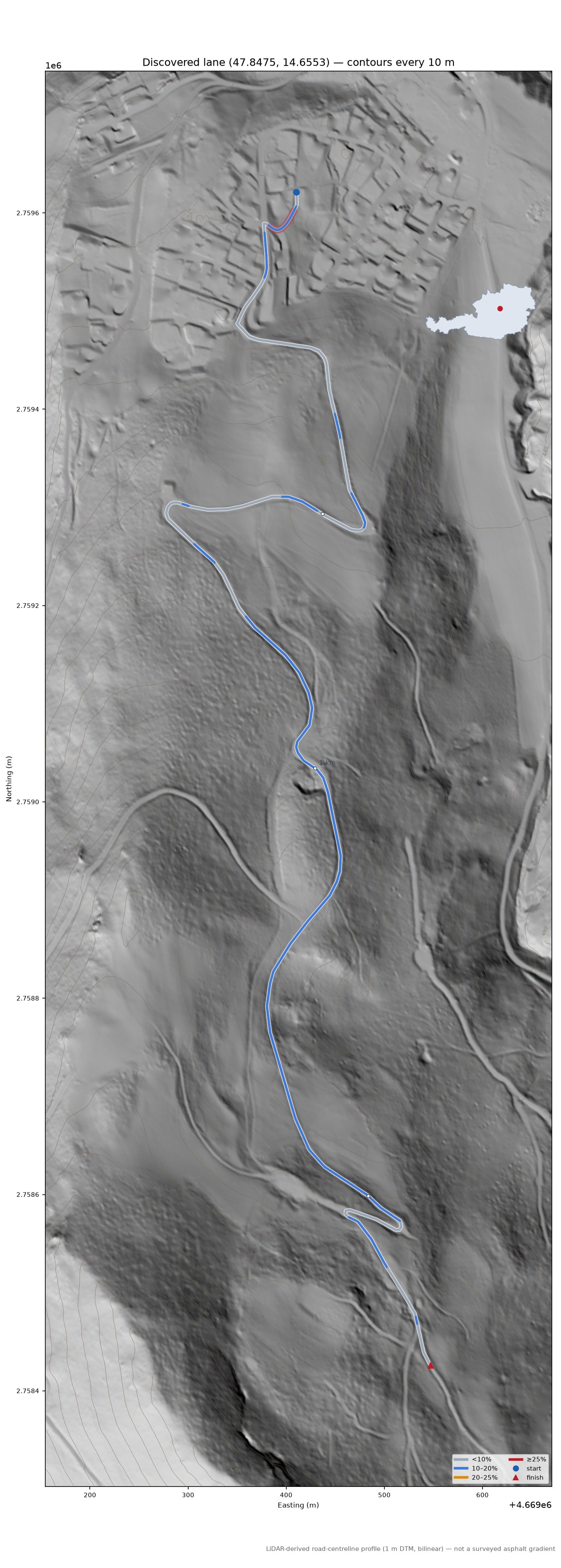 Discovered lane (47.8475, 14.6553) LiDAR hillshade map with contours