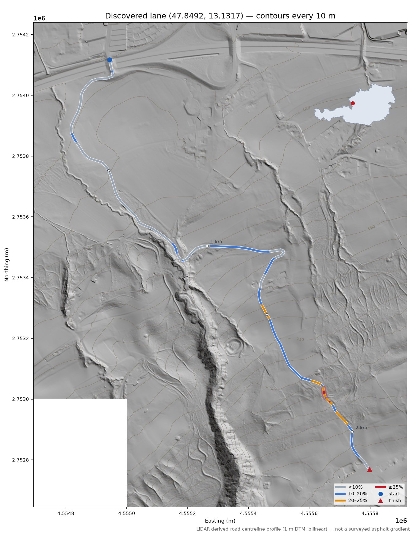 Discovered lane (47.8492, 13.1317) LiDAR hillshade map with contours