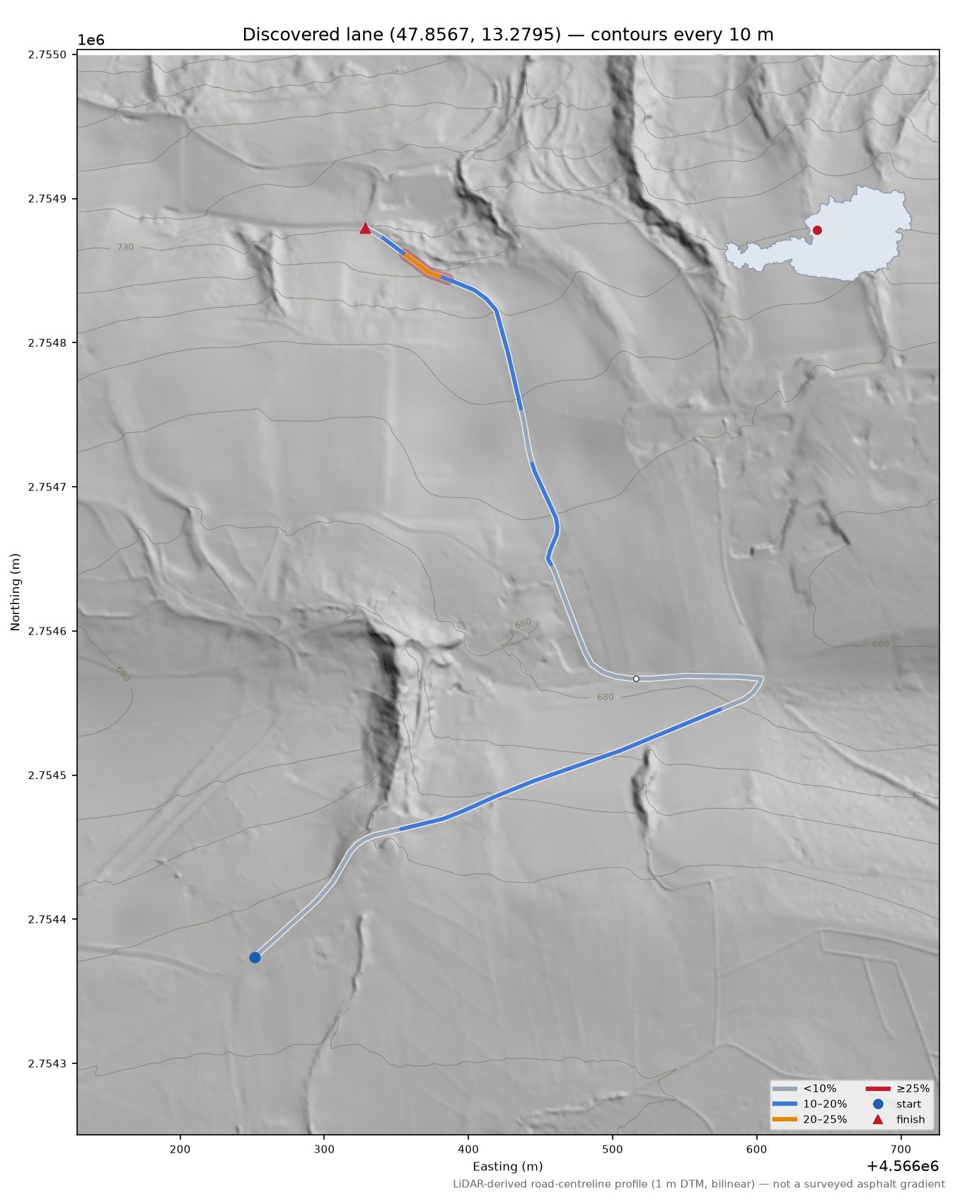 Discovered lane (47.8567, 13.2795) LiDAR hillshade map with contours