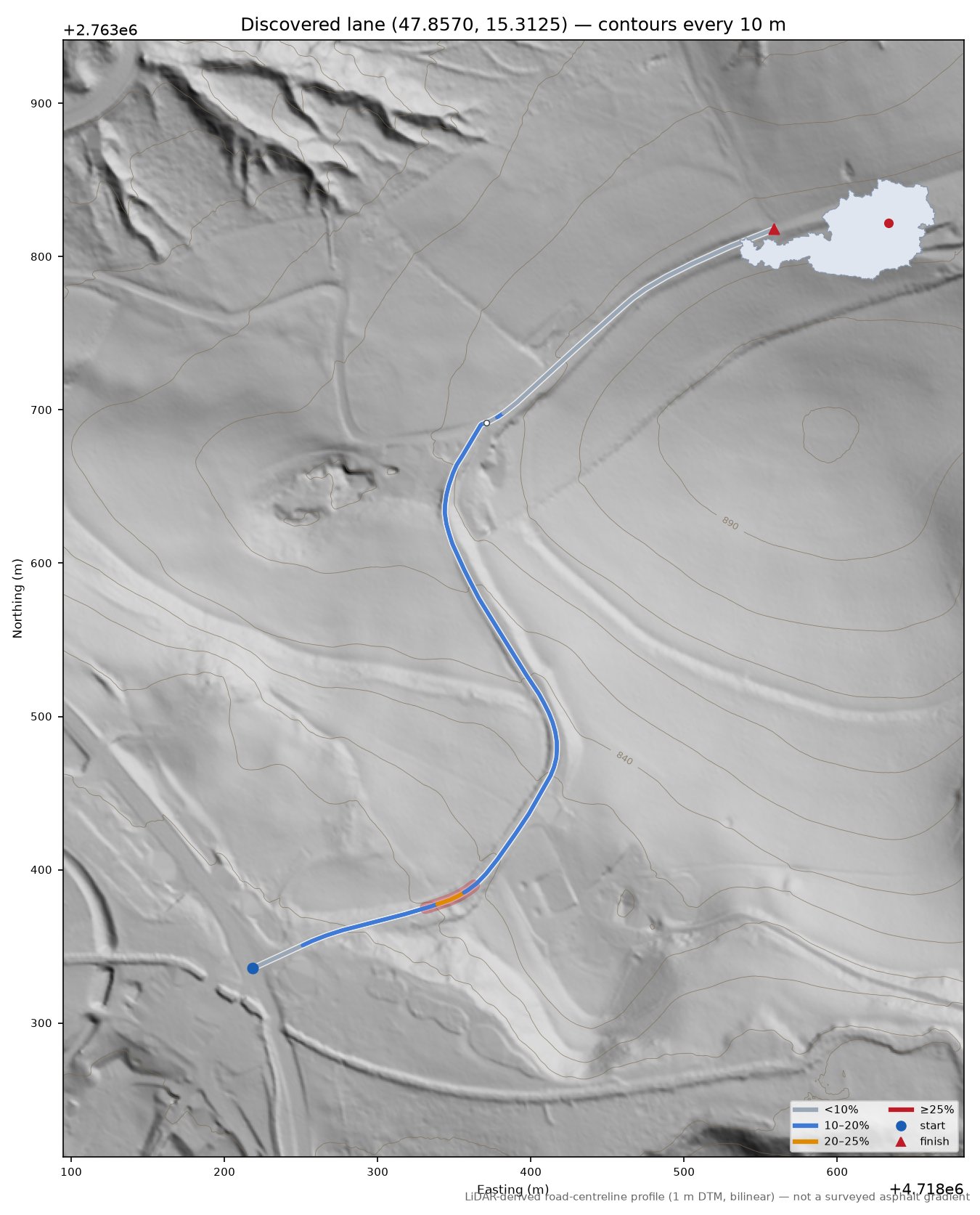 Discovered lane (47.8570, 15.3125) LiDAR hillshade map with contours
