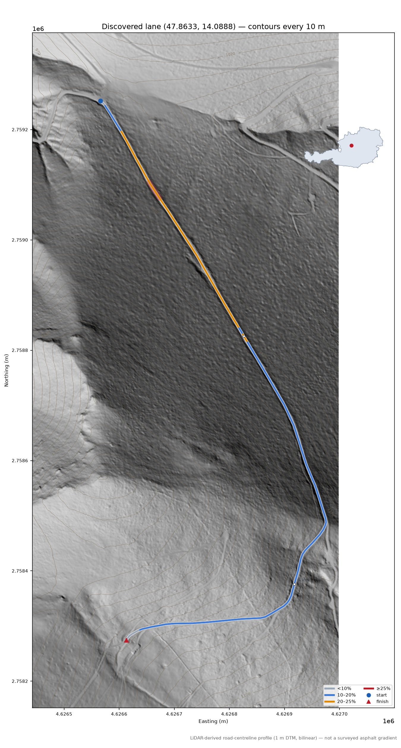 Discovered lane (47.8633, 14.0888) LiDAR hillshade map with contours