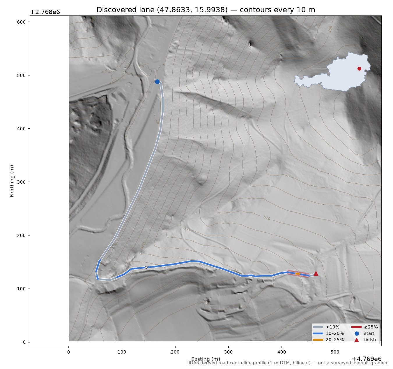 Discovered lane (47.8633, 15.9938) LiDAR hillshade map with contours