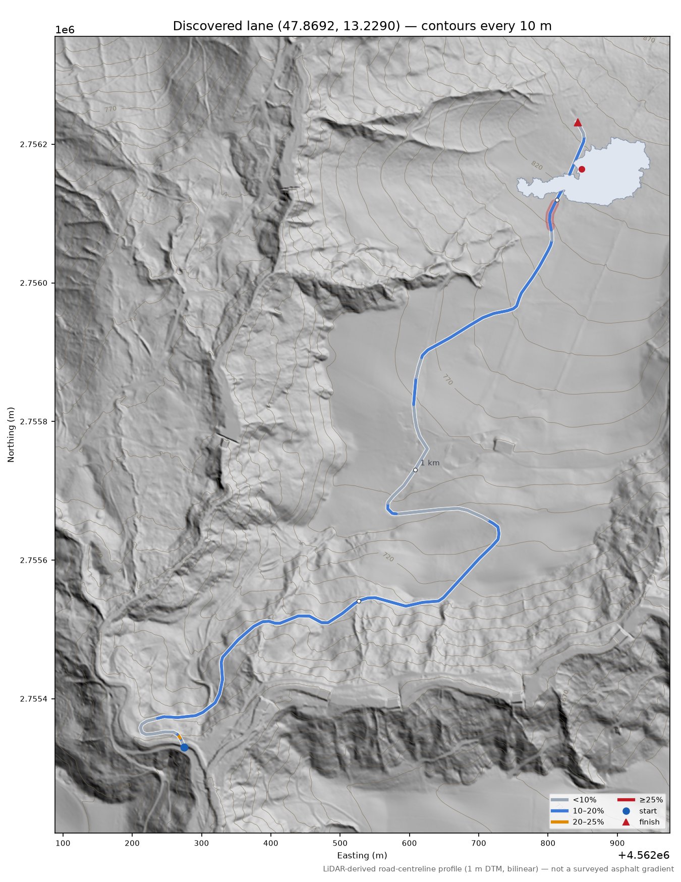 Discovered lane (47.8692, 13.2290) LiDAR hillshade map with contours