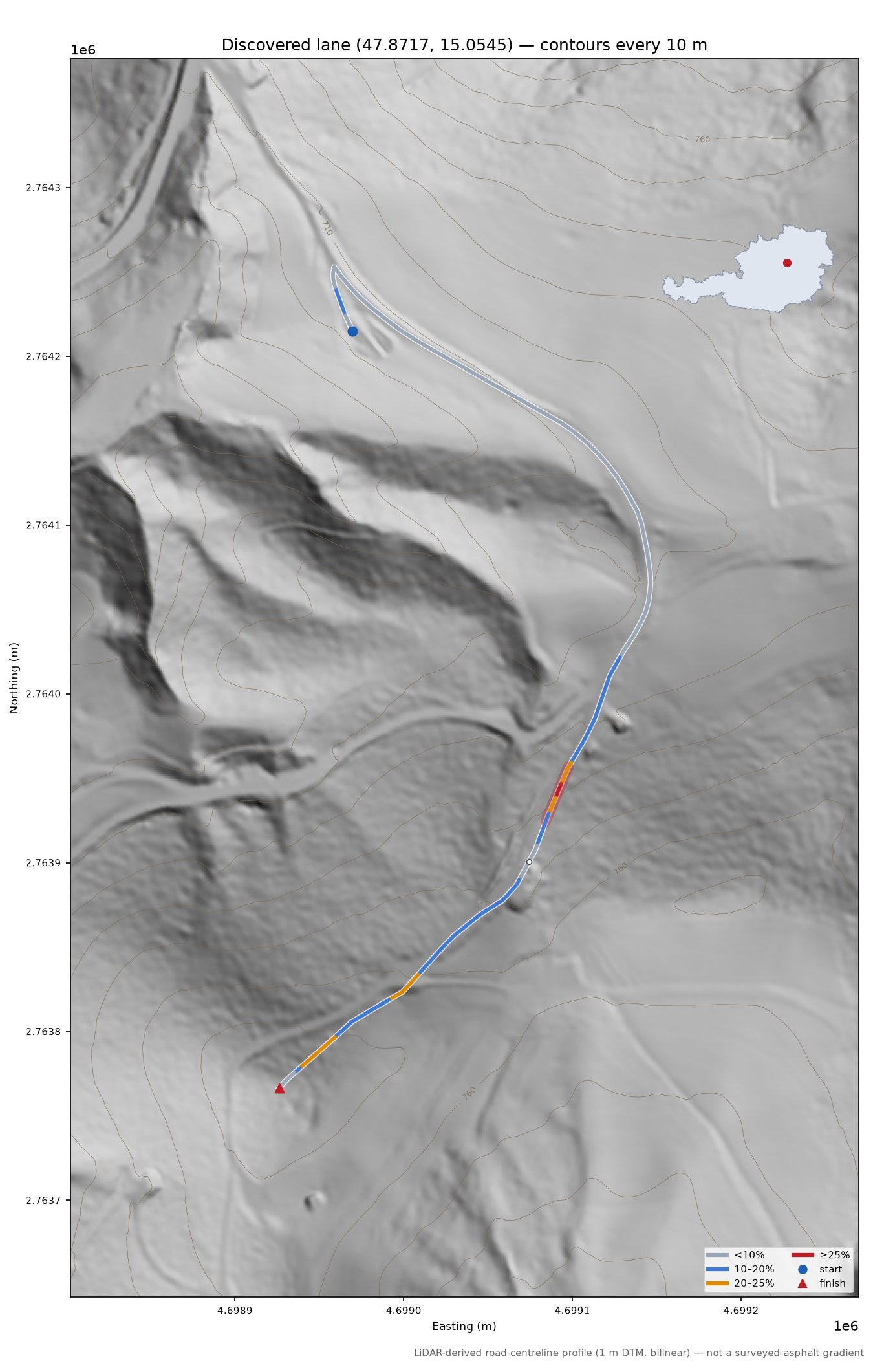 Discovered lane (47.8717, 15.0545) LiDAR hillshade map with contours