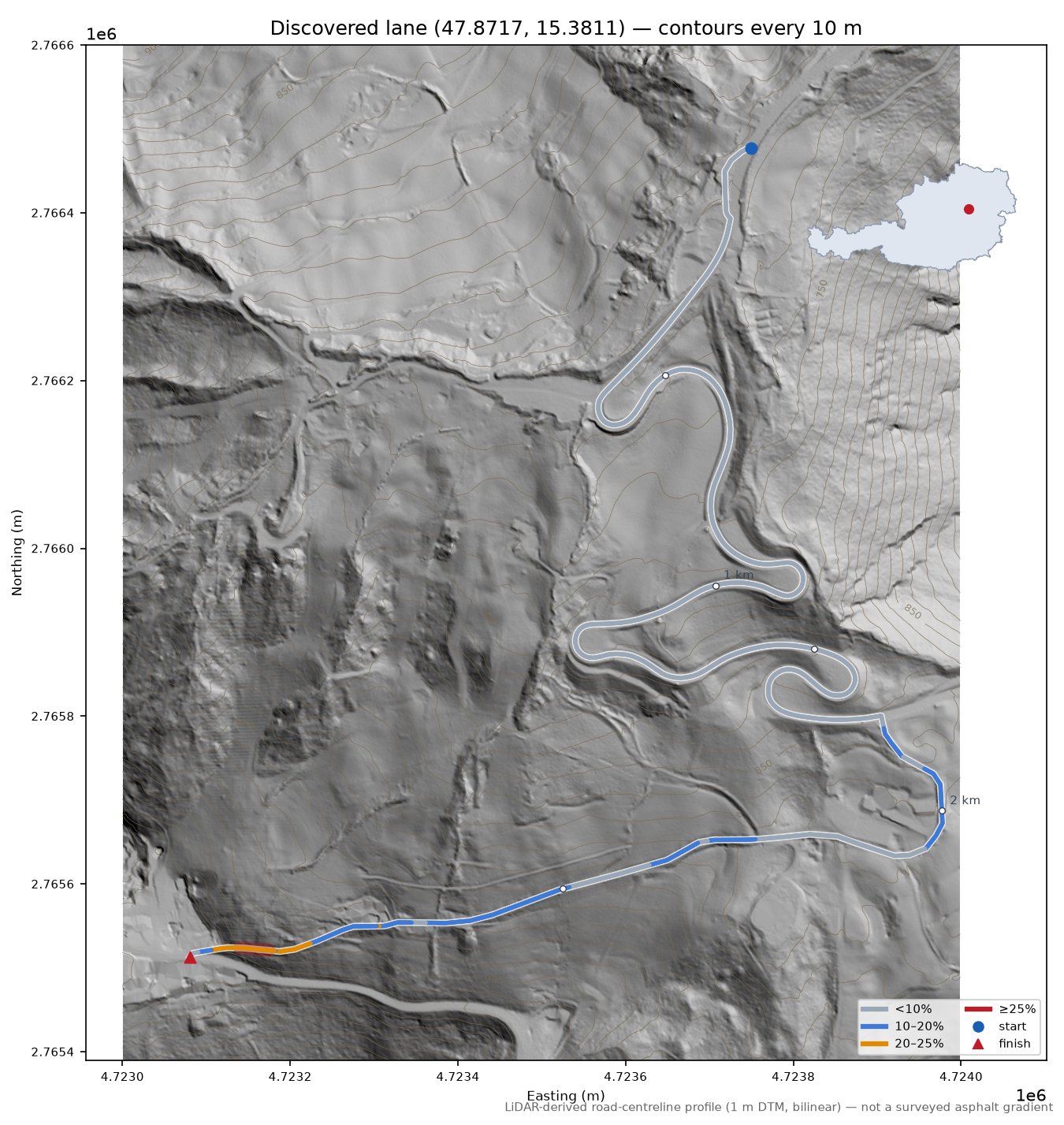 Discovered lane (47.8717, 15.3811) LiDAR hillshade map with contours