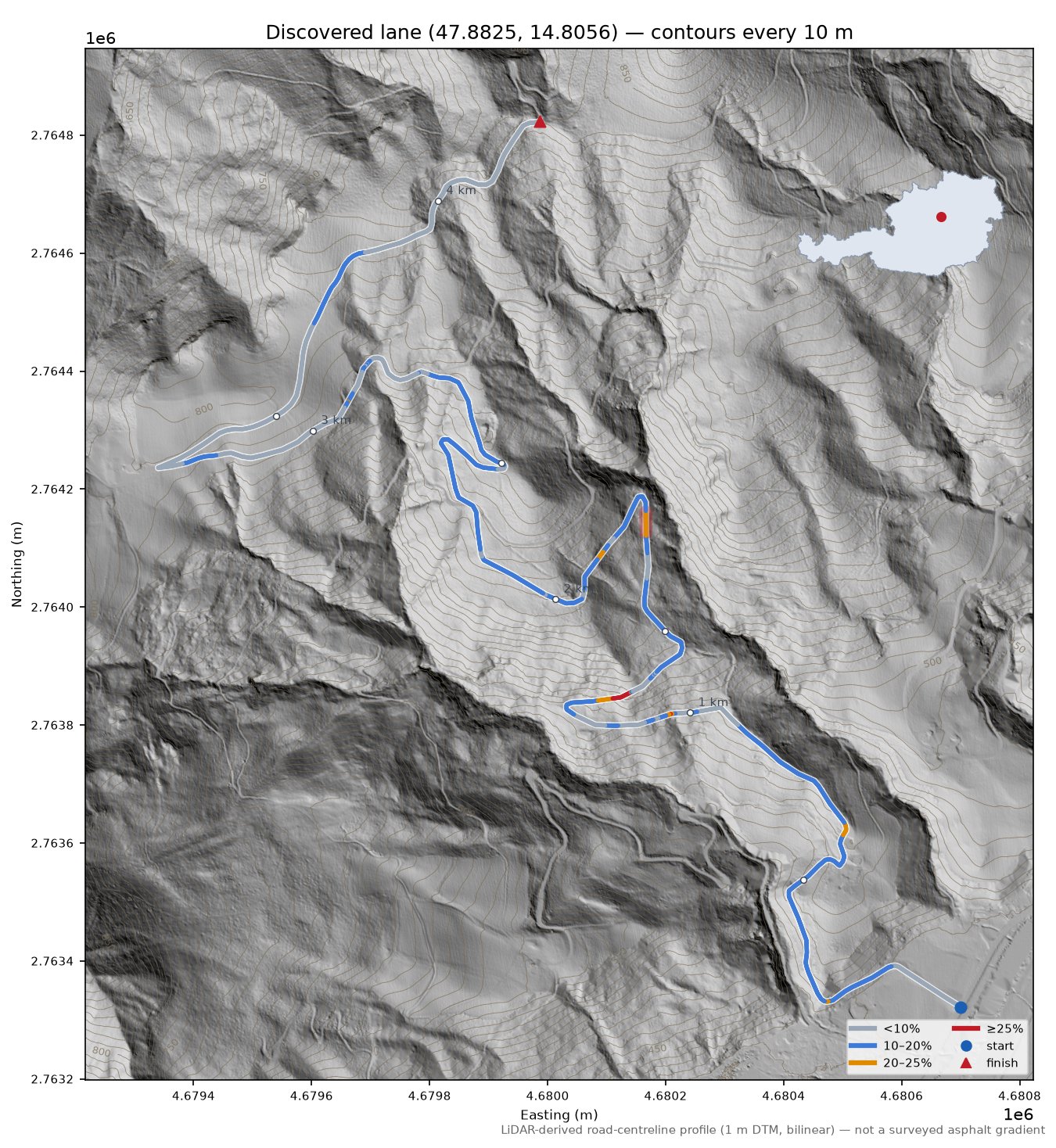 Discovered lane (47.8825, 14.8056) LiDAR hillshade map with contours