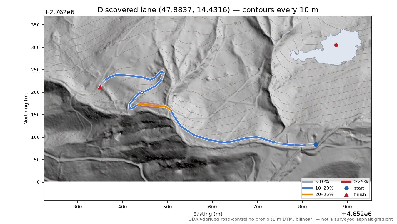 Discovered lane (47.8837, 14.4316) LiDAR hillshade map with contours