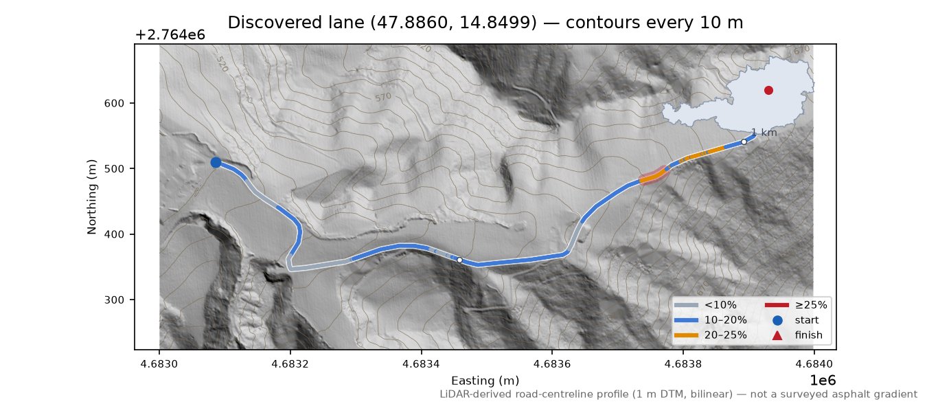 Discovered lane (47.8860, 14.8499) LiDAR hillshade map with contours